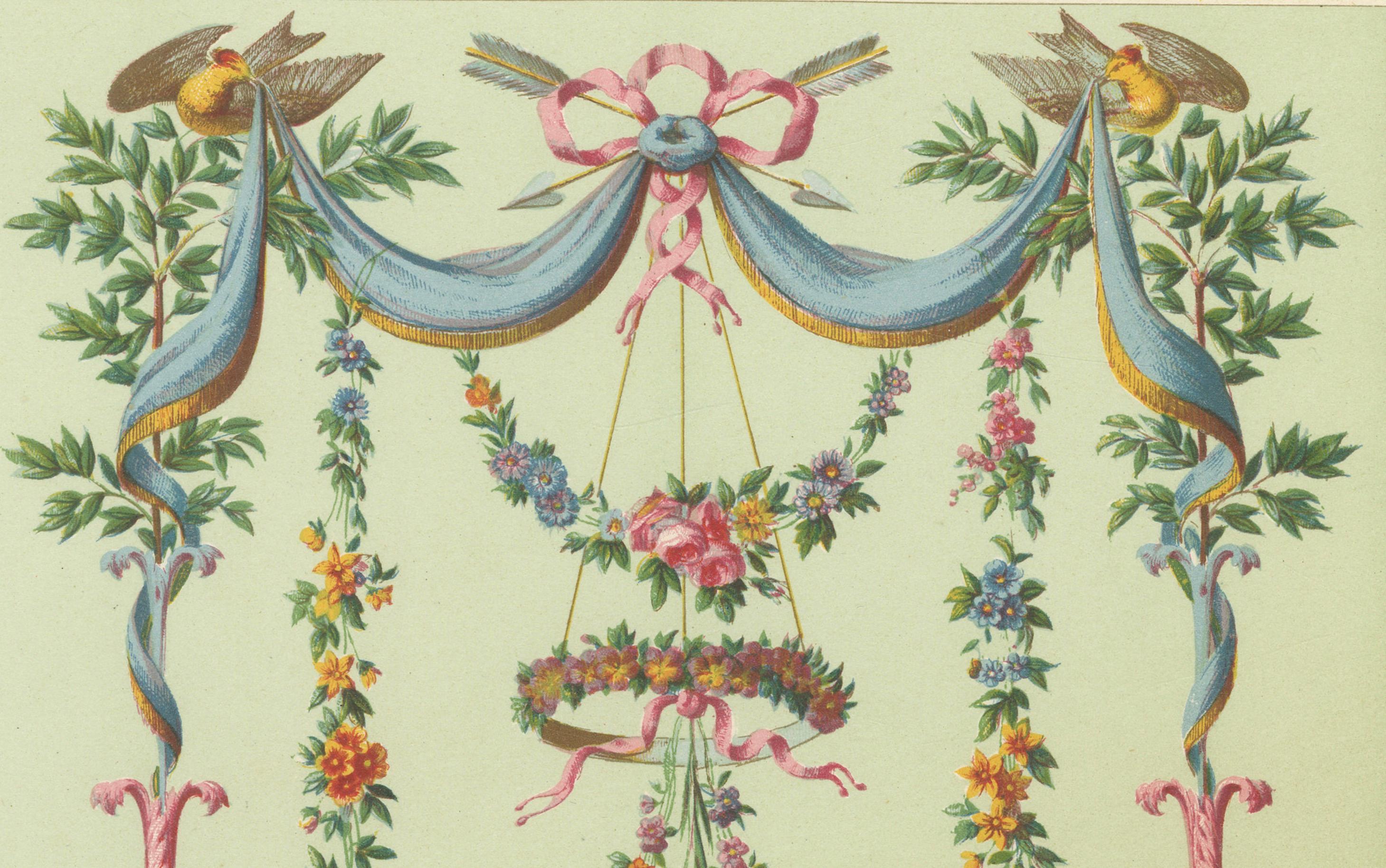 XIXe siècle French Rococo Floral Garland Design/One - Ornement français du XVIIIe siècle avec colombes, 1869 en vente