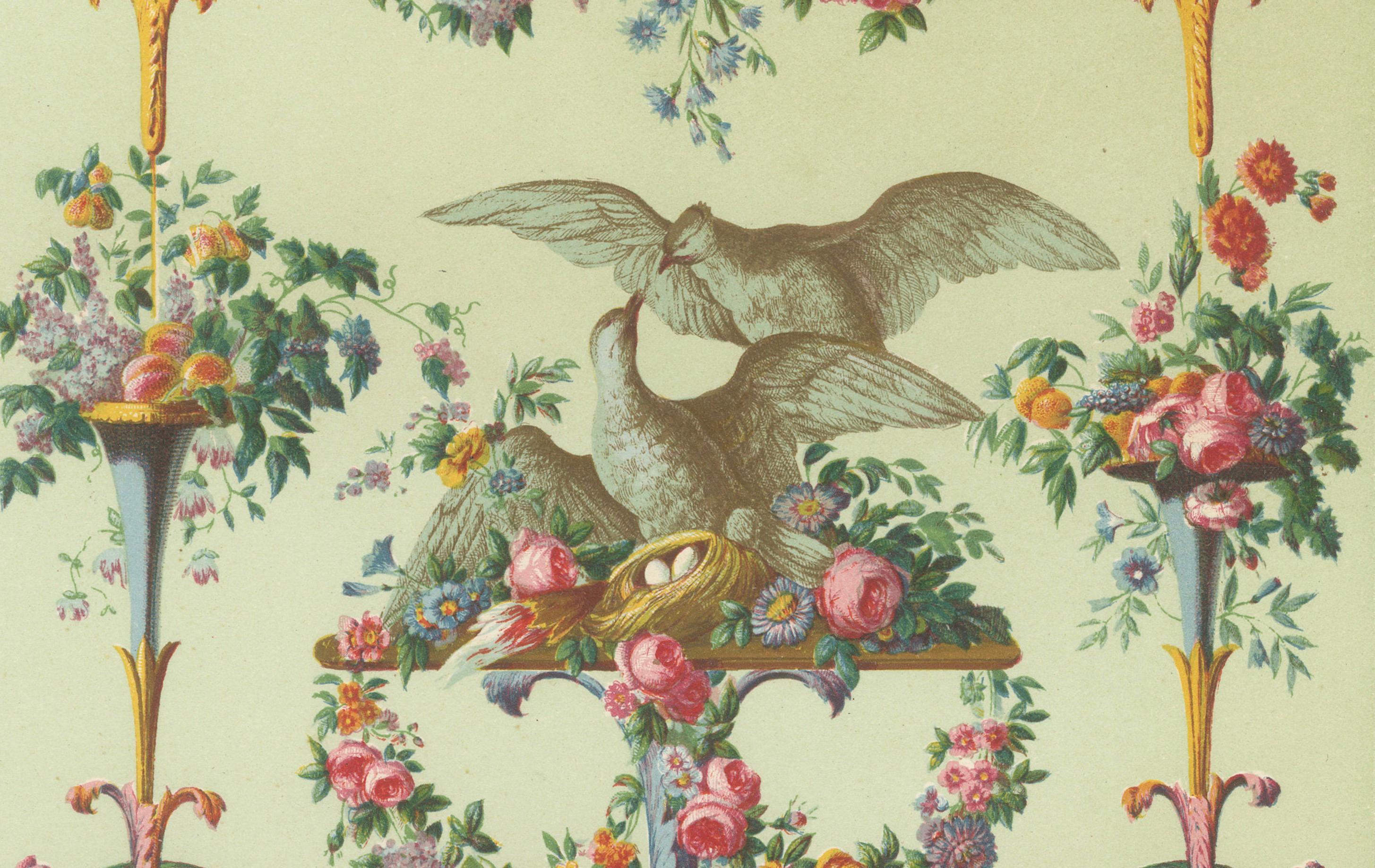 Papier French Rococo Floral Garland Design/One - Ornement français du XVIIIe siècle avec colombes, 1869 en vente