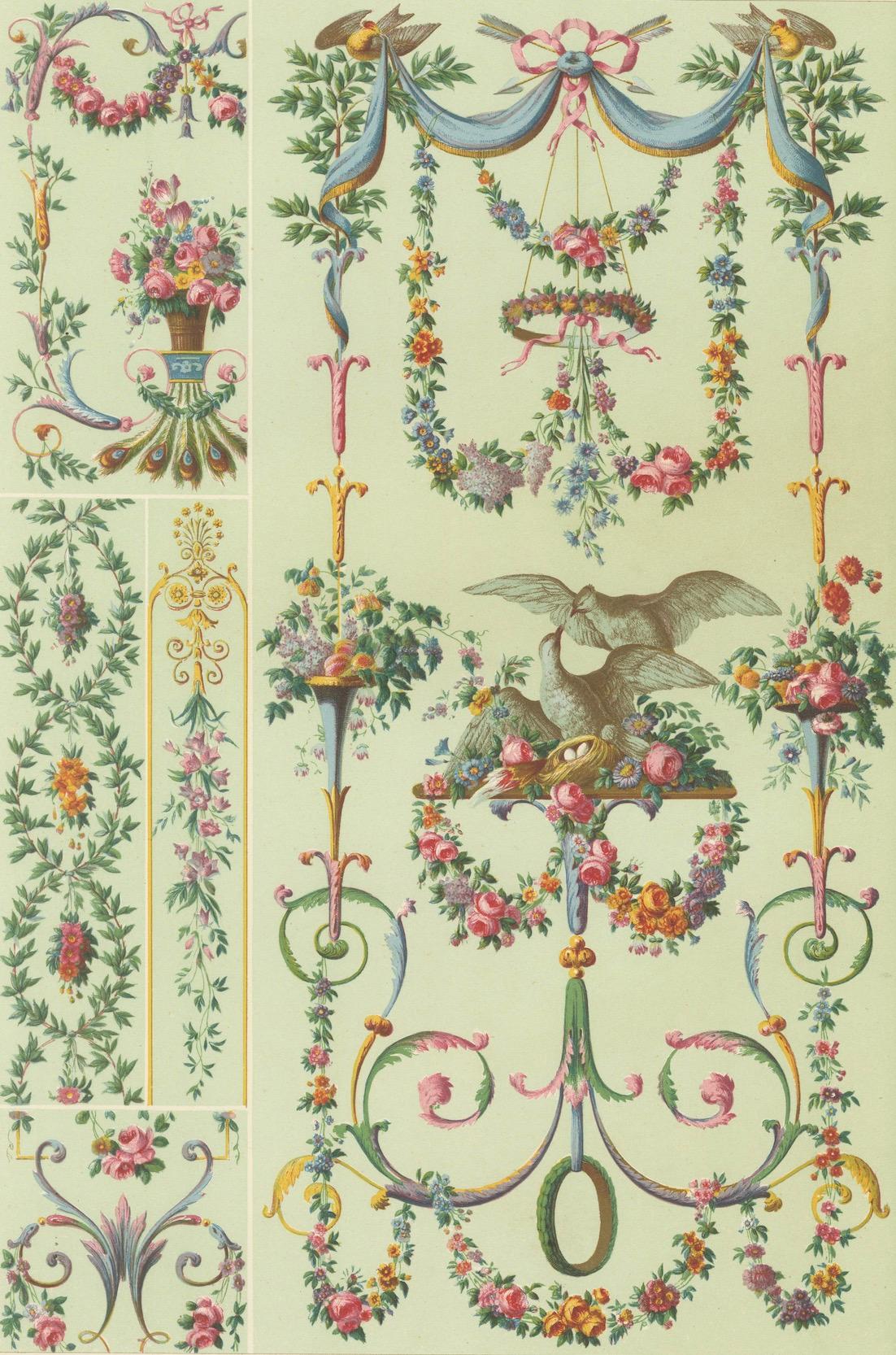 French Rococo Floral Garland Design/One - Ornement français du XVIIIe siècle avec colombes, 1869 en vente 1