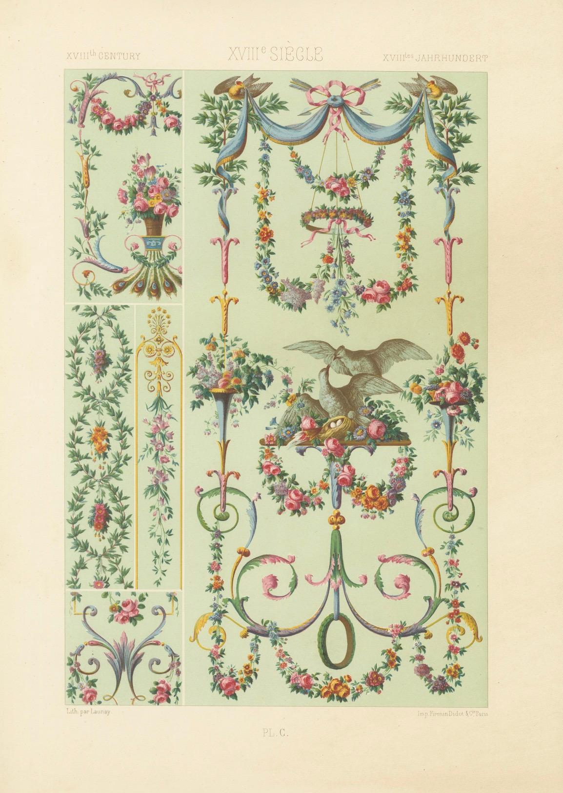 French Rococo Floral Garland Design/One - Ornement français du XVIIIe siècle avec colombes, 1869 en vente 2