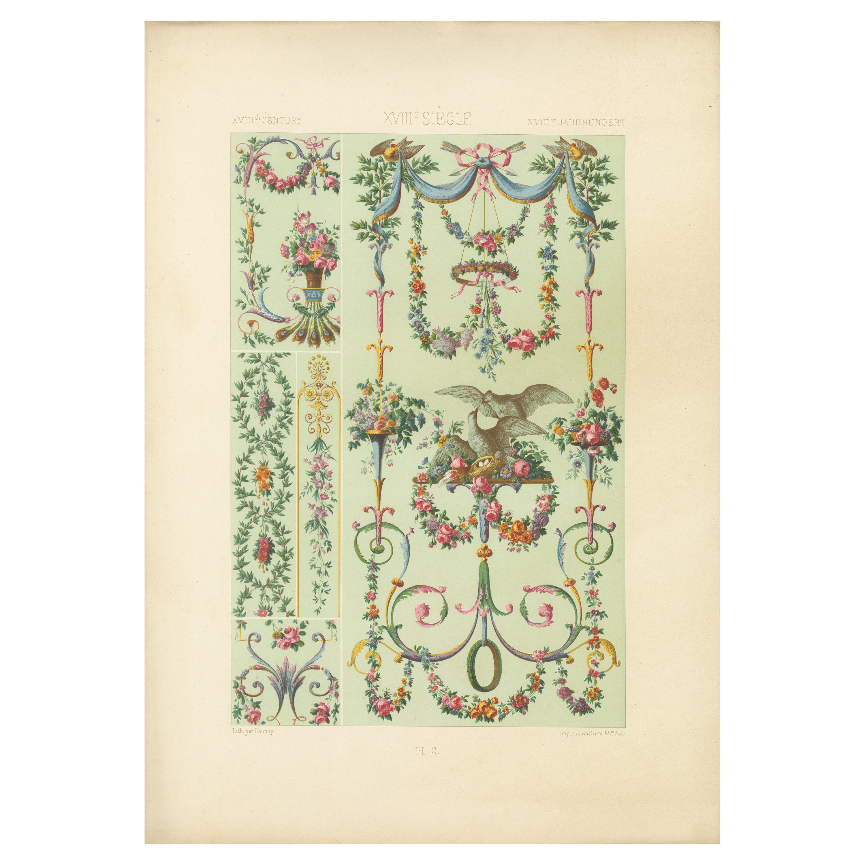 Ghirlanda floreale rococò - Ornamento francese del XVIII secolo con colombe, 1869