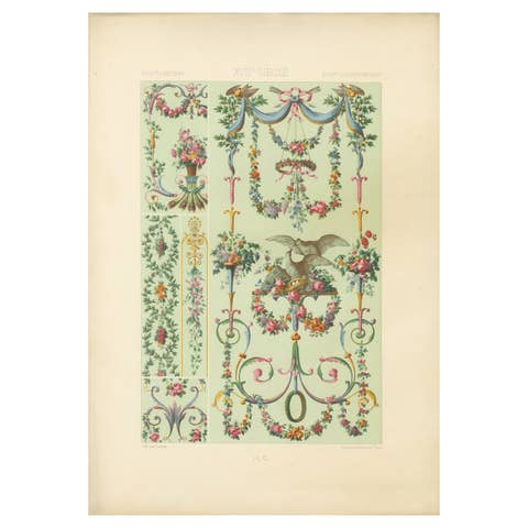 Rococo Floral Garland Design – 18th-Century French Ornament with Doves, 1869