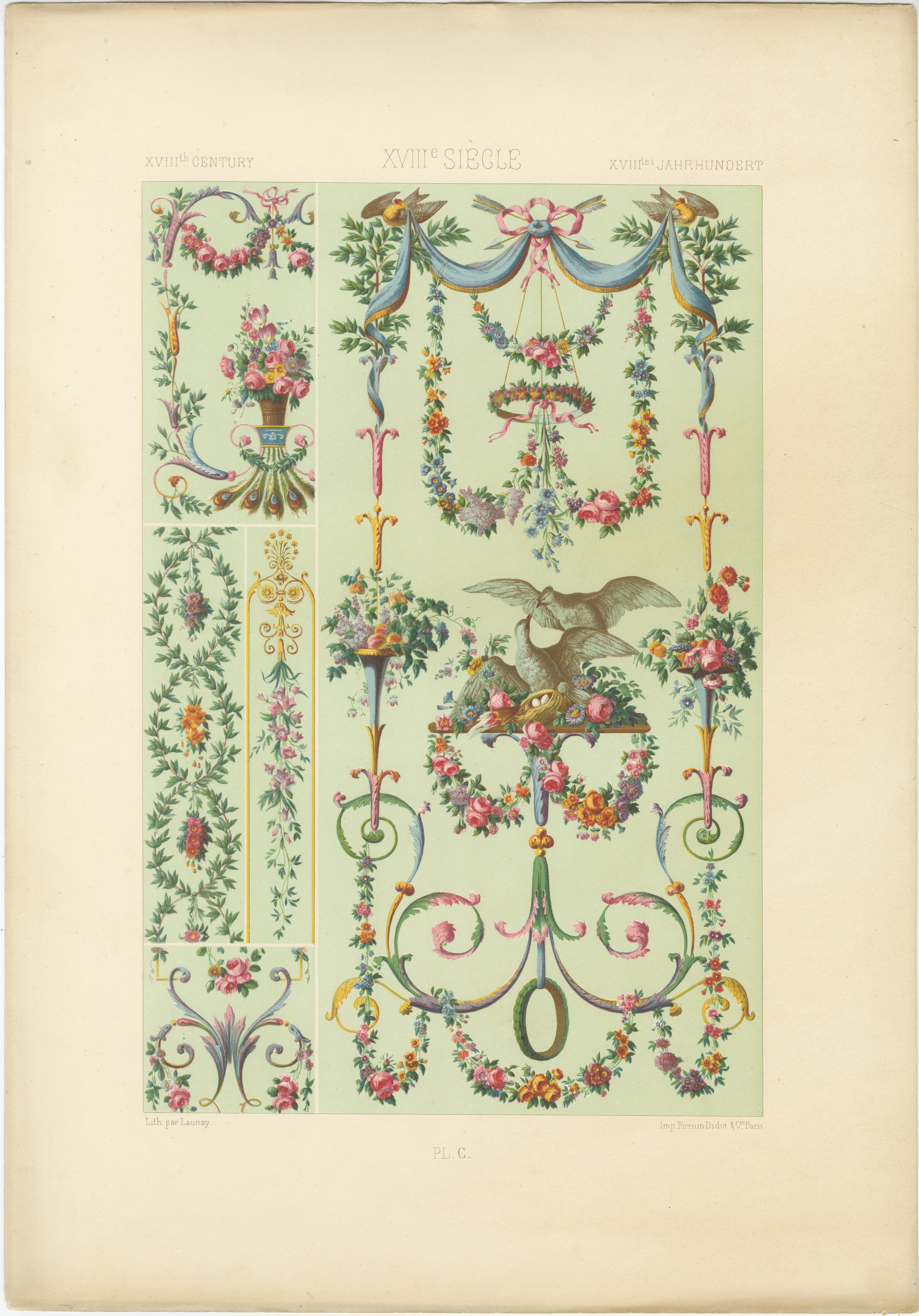French Rococo Floral Garland Design/One - Ornement français du XVIIIe siècle avec colombes, 1869 en vente