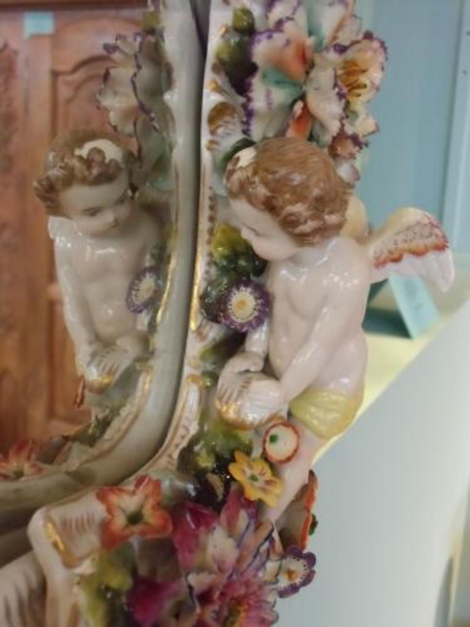 Baroque Rococo Flower and Angels Porcelain Wall Mirror, Thuringia, Late 19th Century