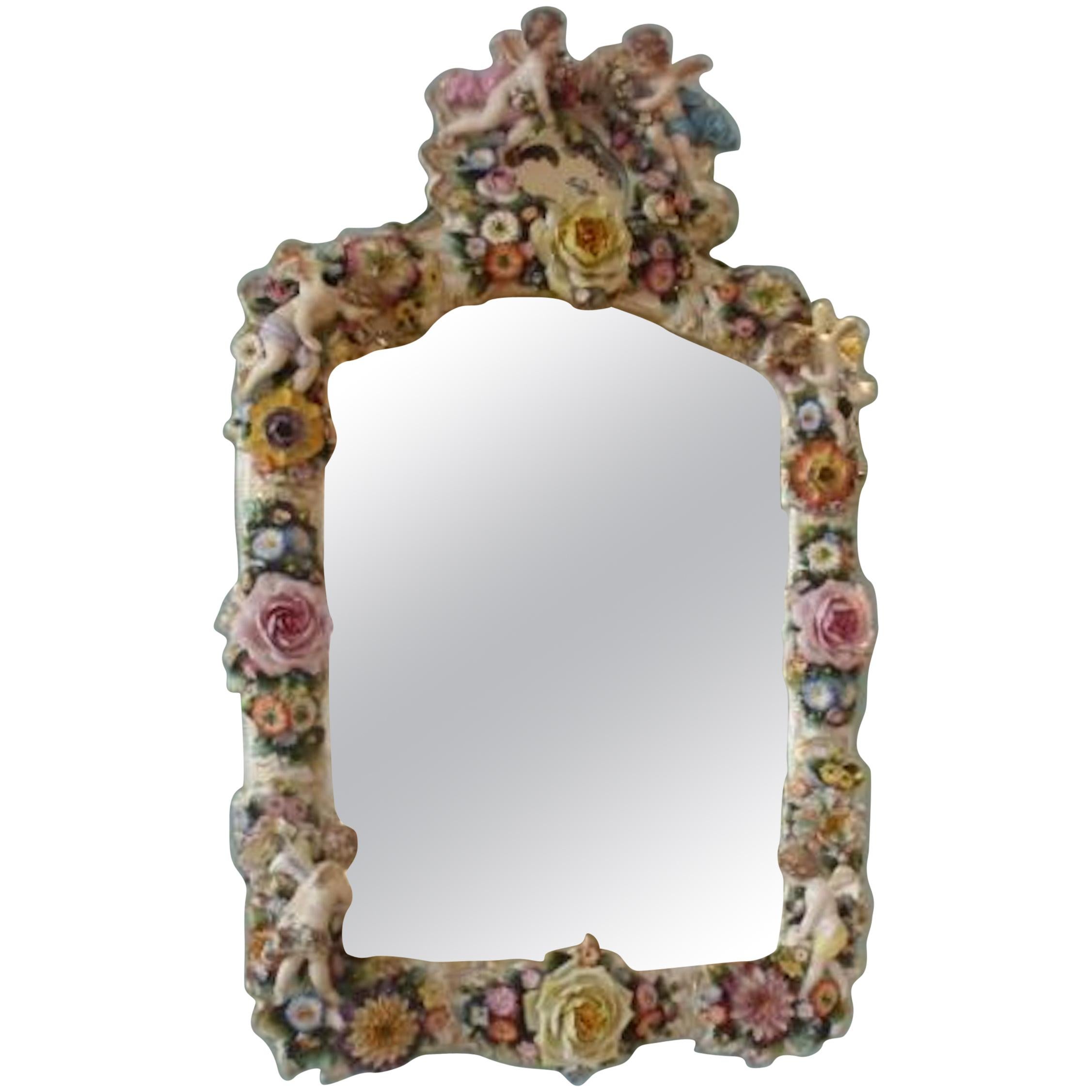 Rococo Flower and Angels Porcelain Wall Mirror, Thuringia, Late 19th Century