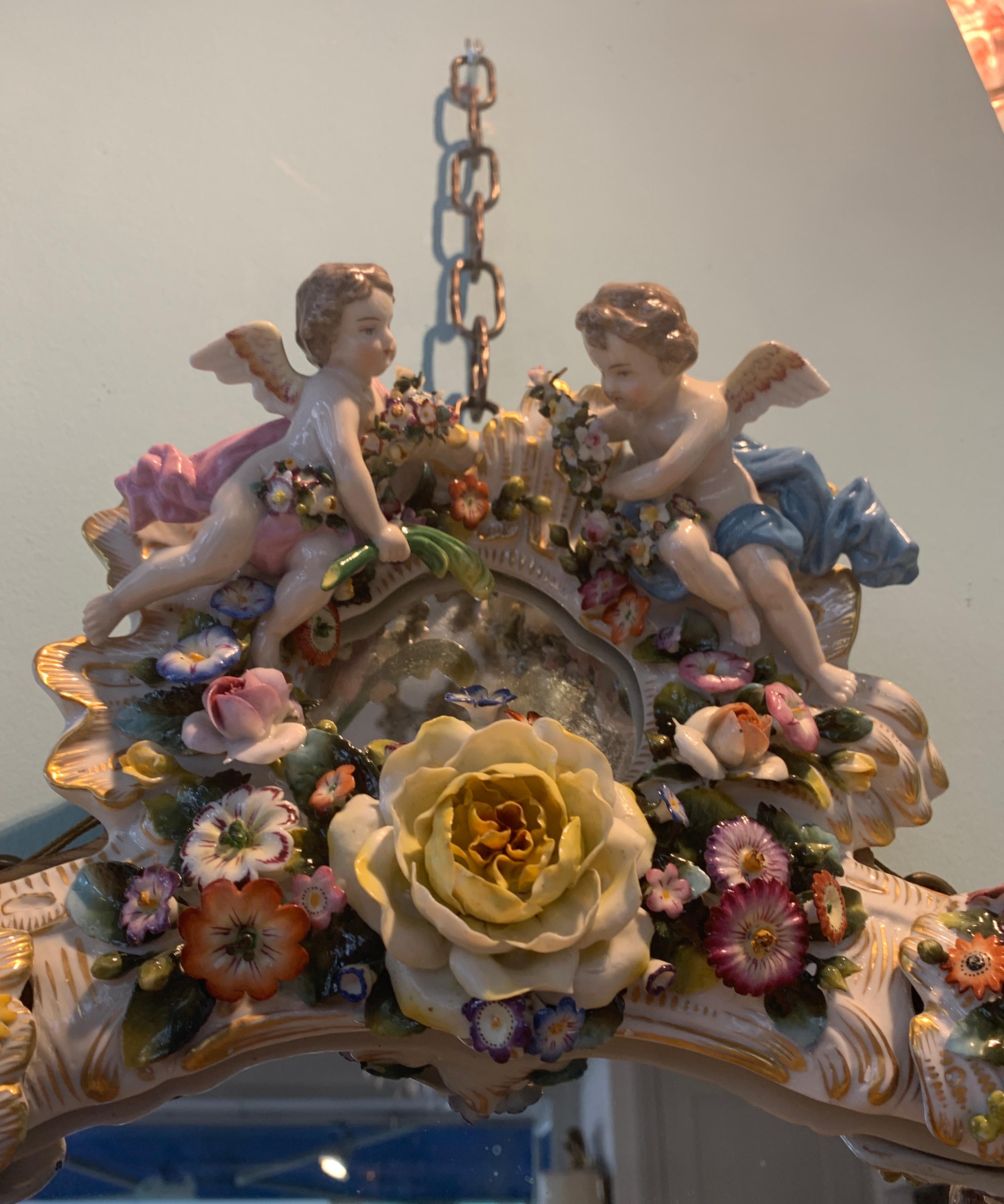 German Rococo Flower and Angels Porcelain Wall Mirror, Thuringia, Late 19th Century