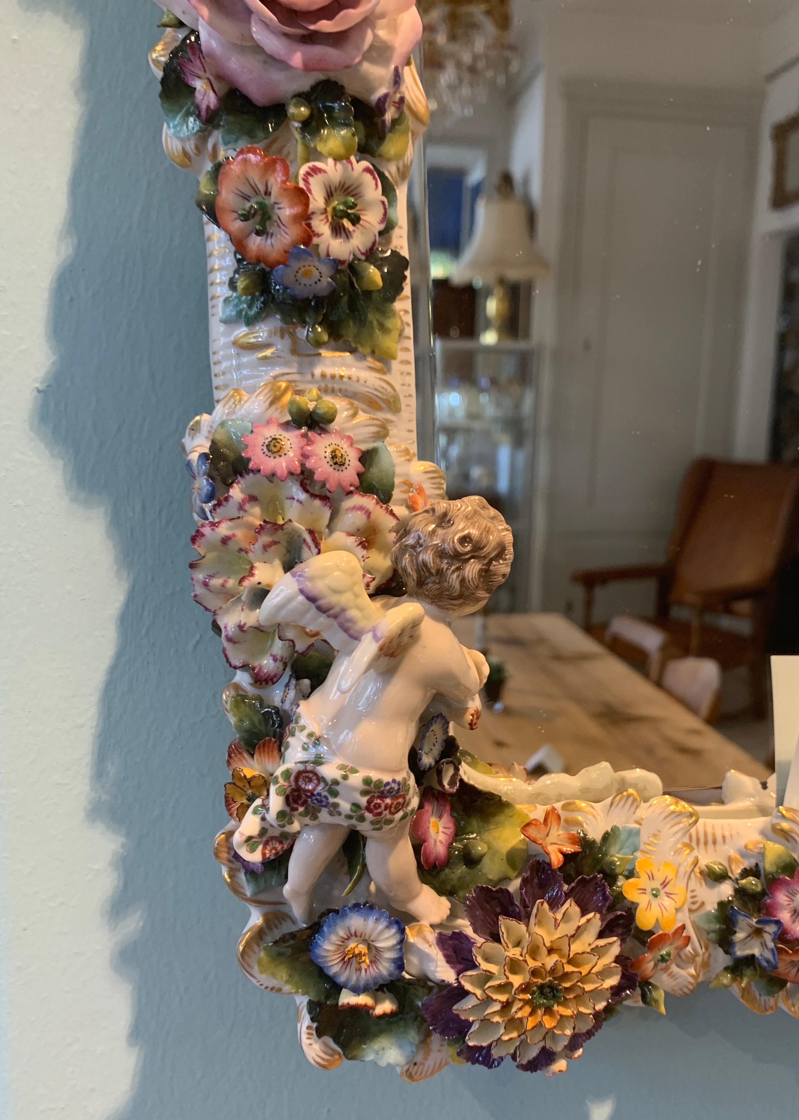 Hand-Carved Rococo Flower and Angels Porcelain Wall Mirror, Thuringia, Late 19th Century