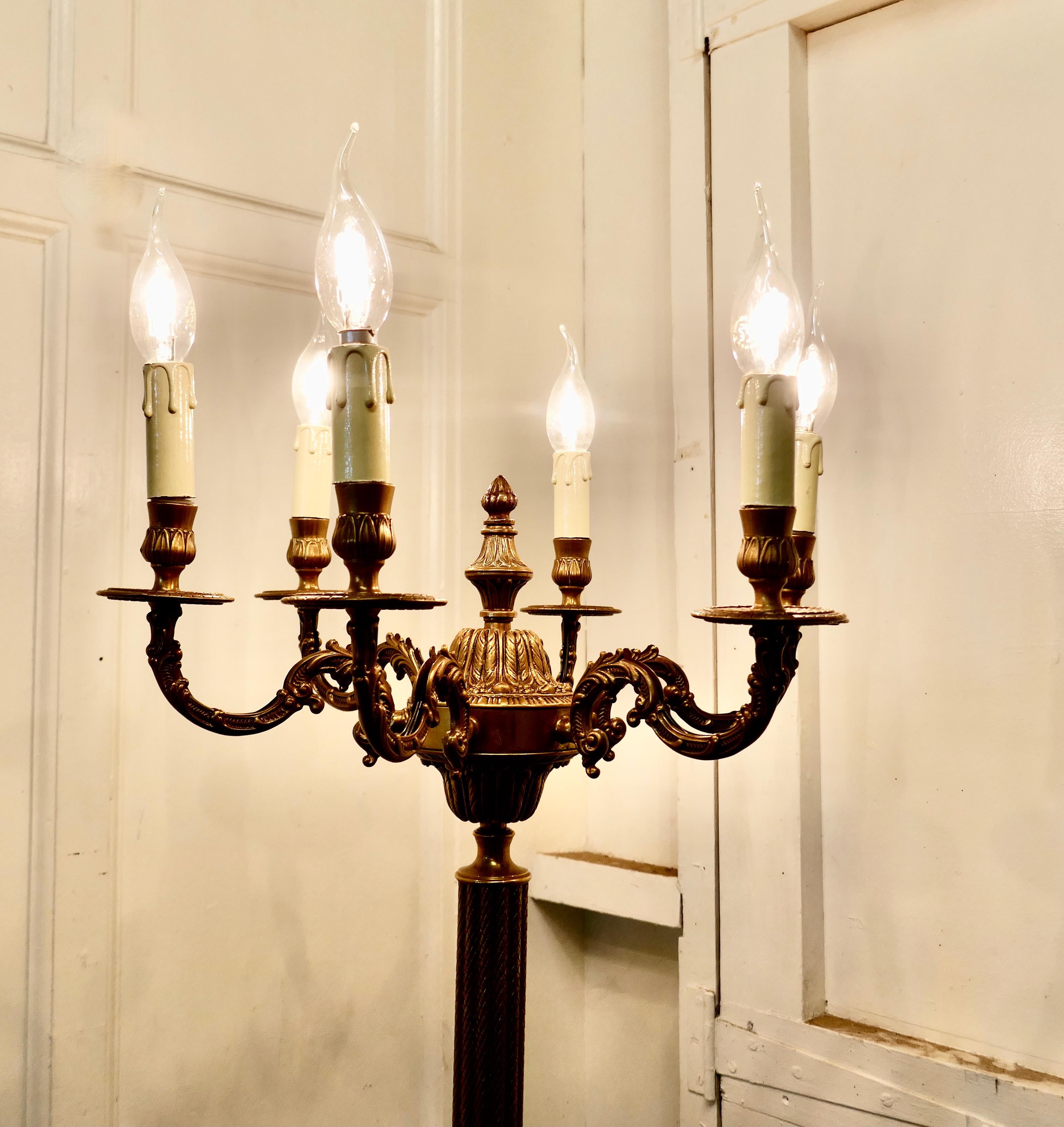 Rococo gilt brass candelabra 6 branch floor lamp, standard lamp

This is an elaborate and very attractive piece, the lamp has a fluted upright set on three dolphin feet, supporting a six branch candelabra 

The lamp has relatively new wiring and