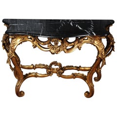 Rococo Giltwood Console Table with Black Marble Top Rococo Giltwood Console Table with Black Marble Top