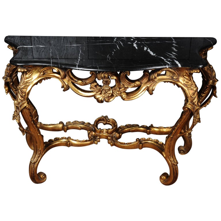 Rococo Giltwood Console Table with Black Marble Top at 1stdibs