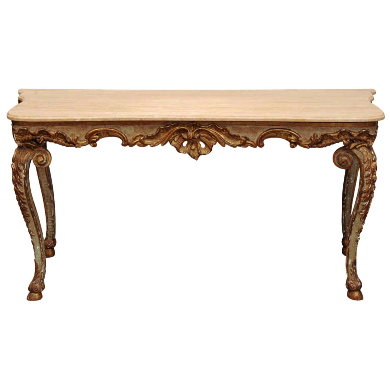 Table console rococo en bois doré avec pieds cabriole