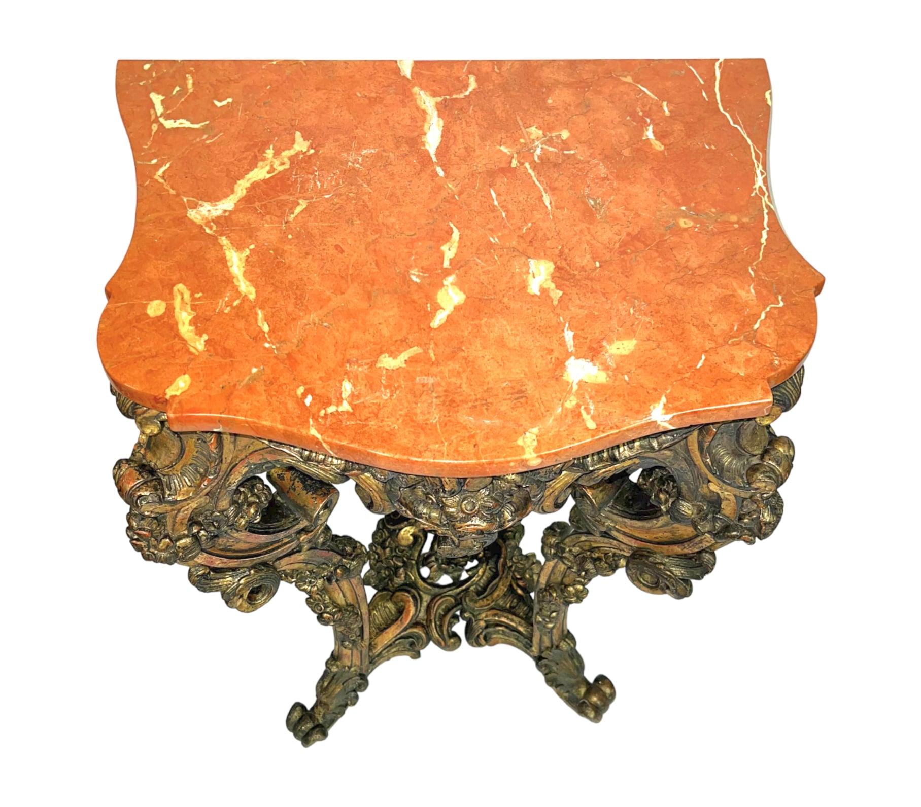 Rococo Giltwood Wall Table with Marble Top In Good Condition In Palm Beach Gardens, FL