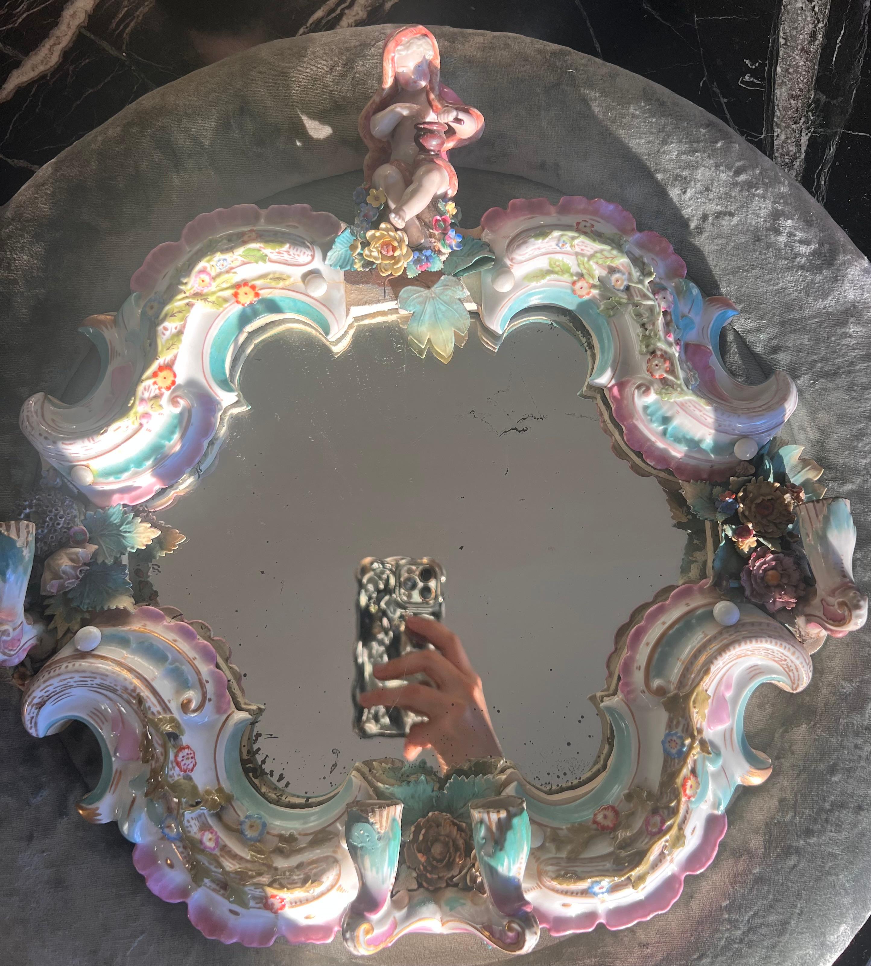 Rococo Girandole Meissen Mirror in Enameled Porcelain and Crushed Velvet For Sale 8
