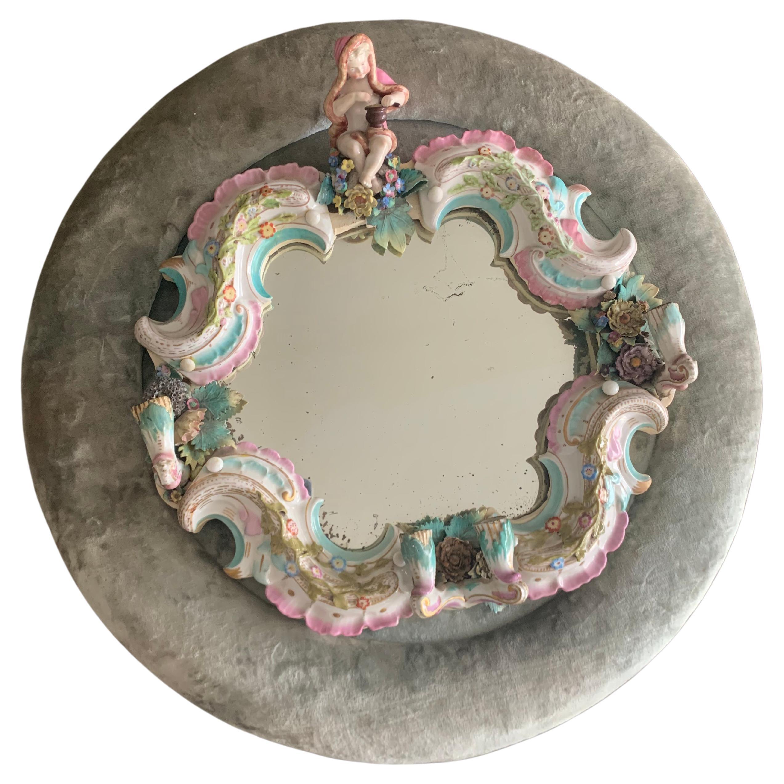 Rococo Girandole Meissen Mirror in Enameled Porcelain and Crushed Velvet For Sale