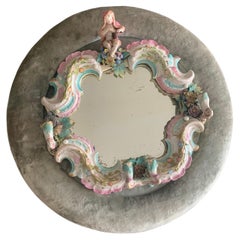 Rococo Girandole Meissen Mirror in Enameled Porcelain and Crushed Velvet