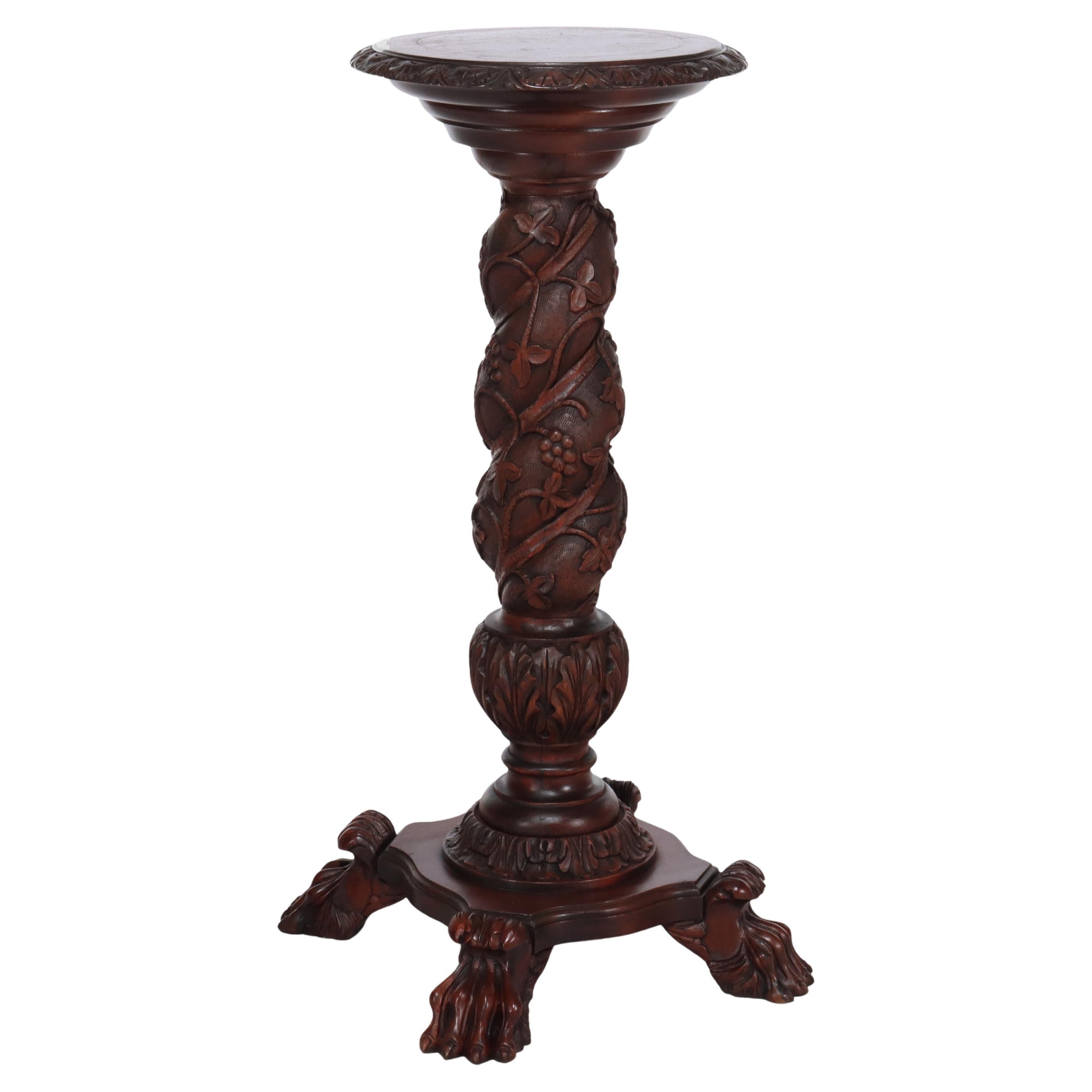 Rococo Grape & Leaf Clawfoot Carved Mahogany Claw Foot Sculpture Pedestal c1890 For Sale