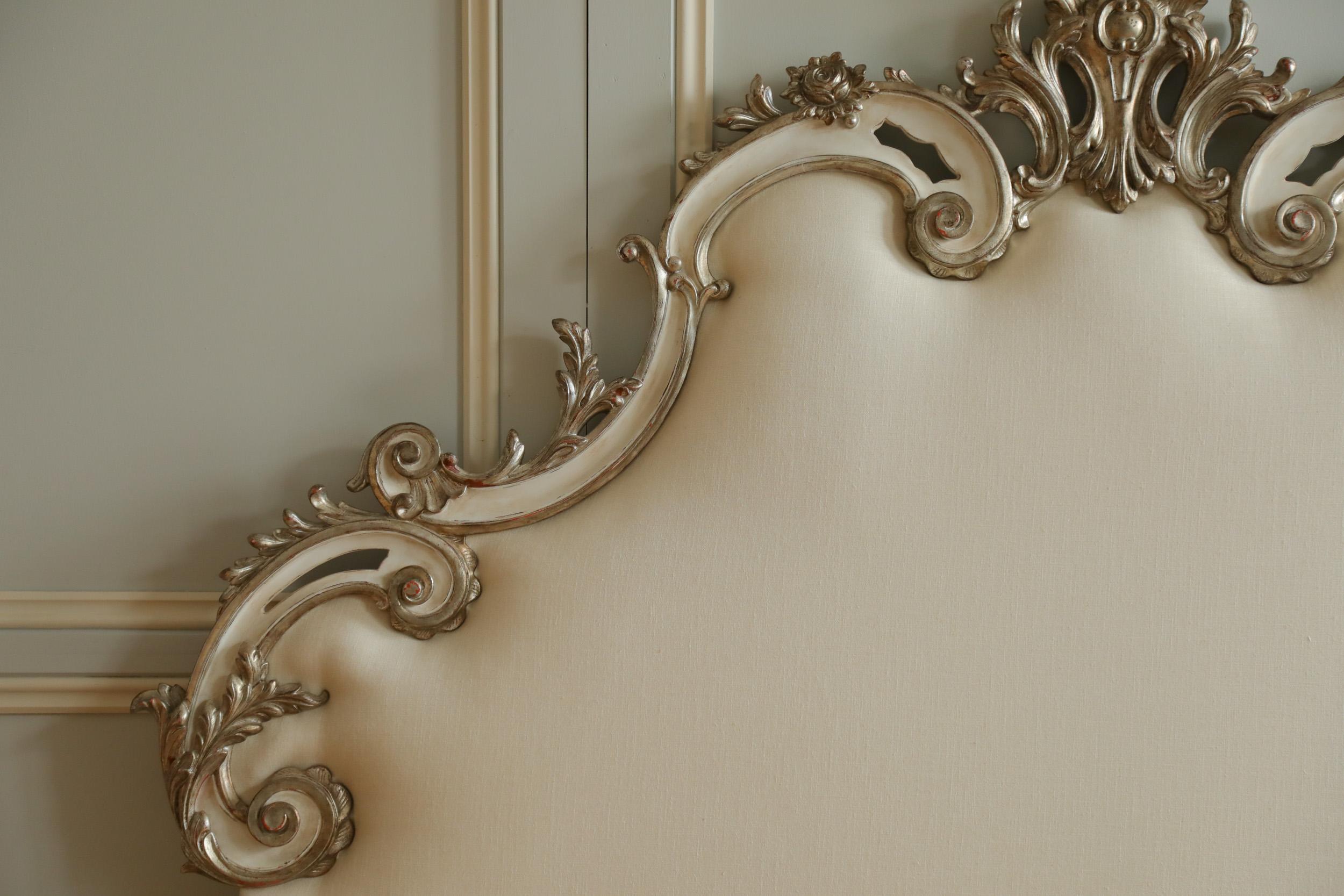 Wood Rococo Headboard in Antique White with Silver Highlights For Sale