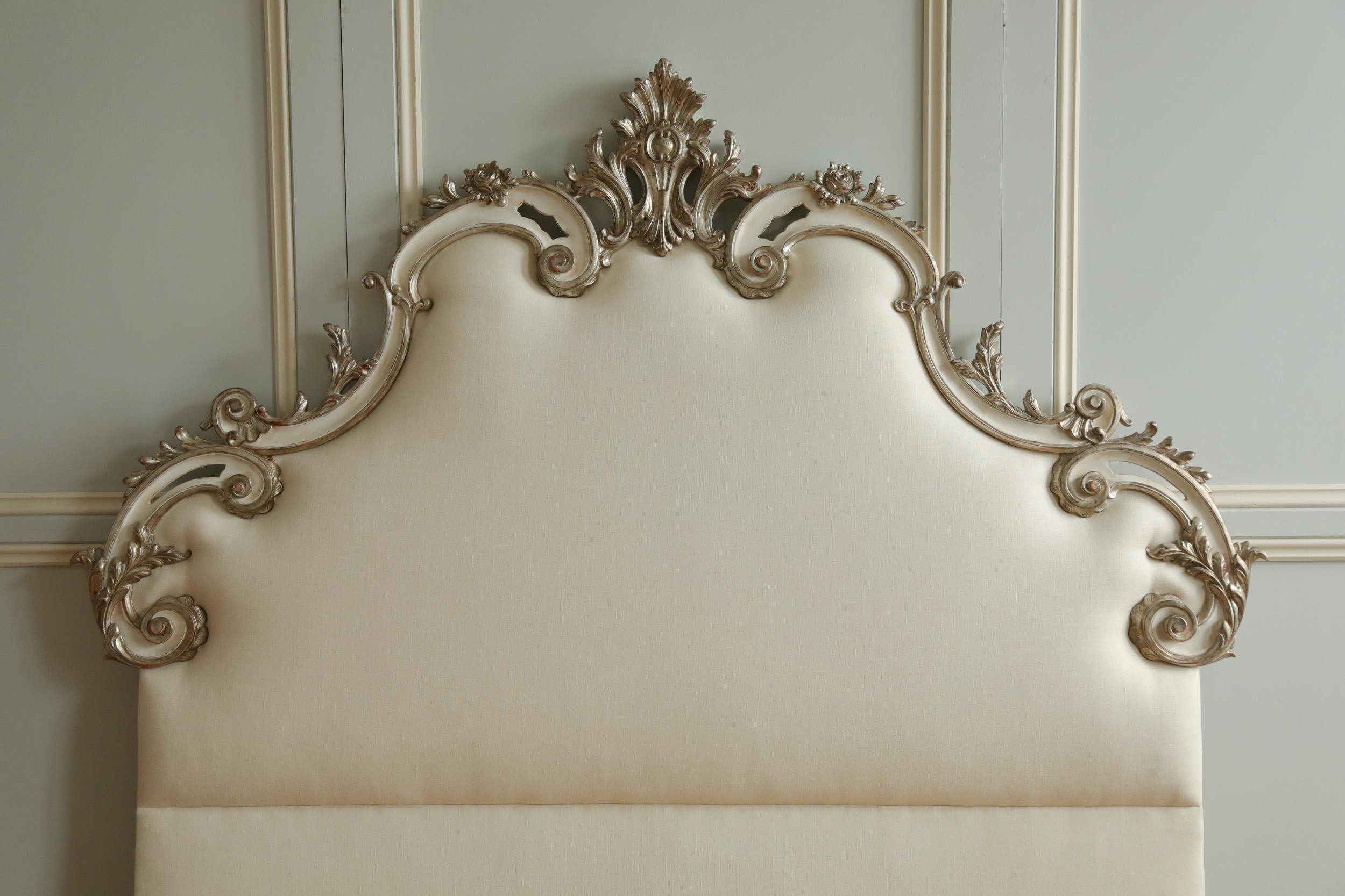 Rococo Headboard in Antique White with Silver Highlights For Sale 3