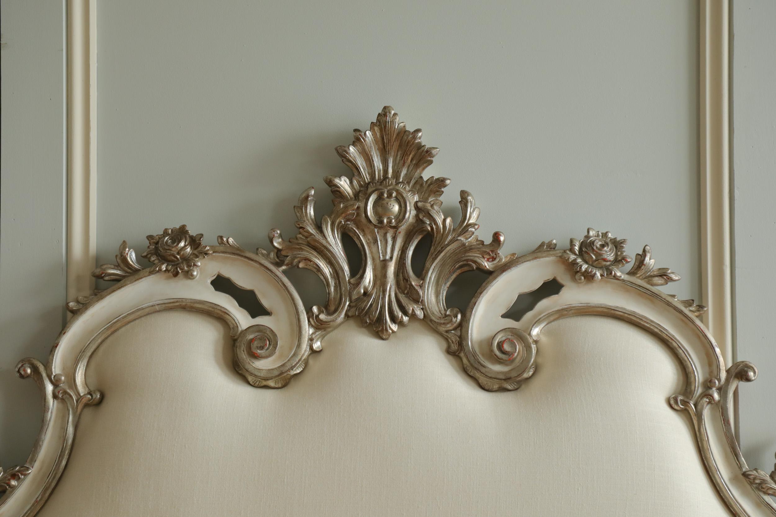 Rococo Headboard in Antique White with Silver Highlights For Sale 4