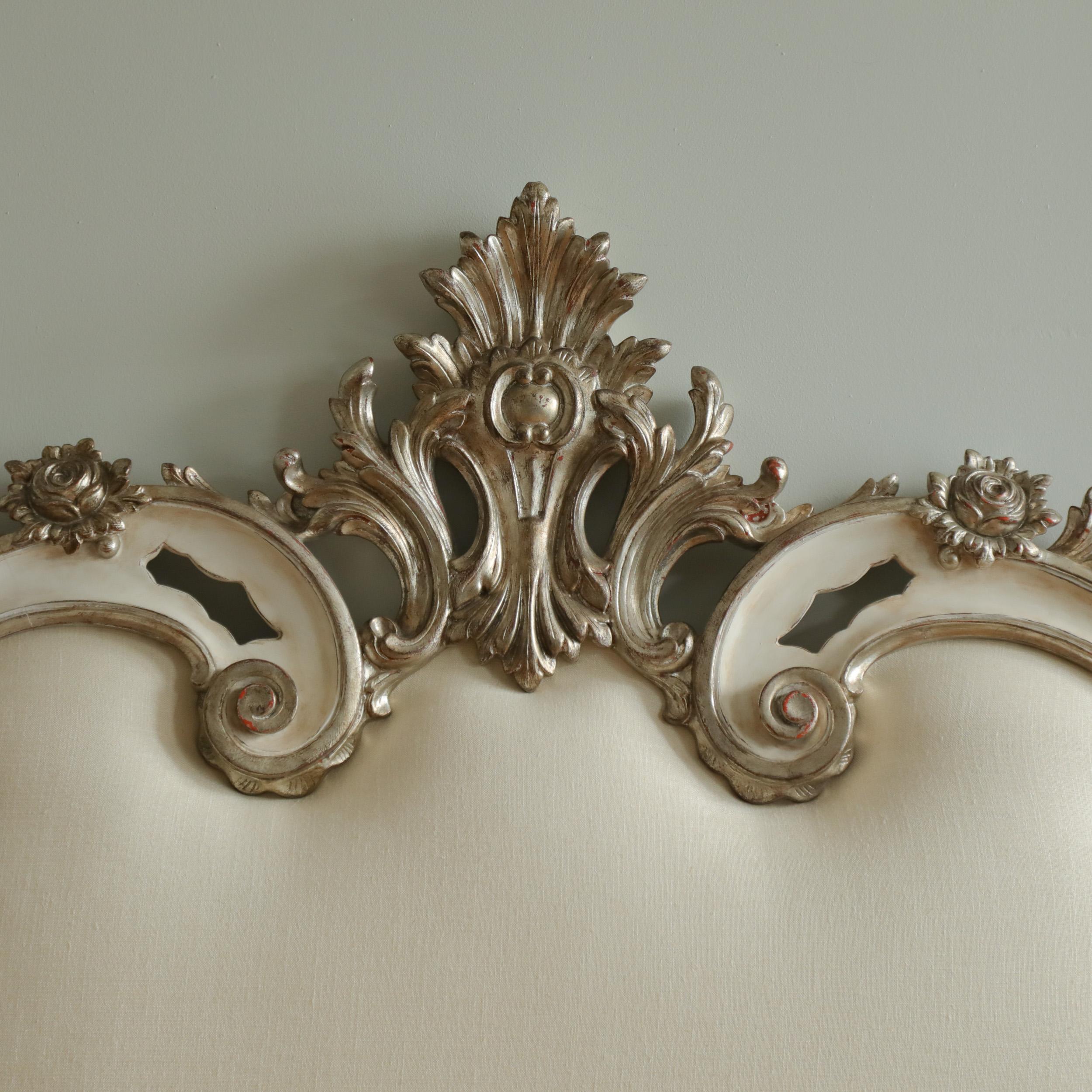 Rococo Headboard in Antique White with Silver Highlights For Sale 6