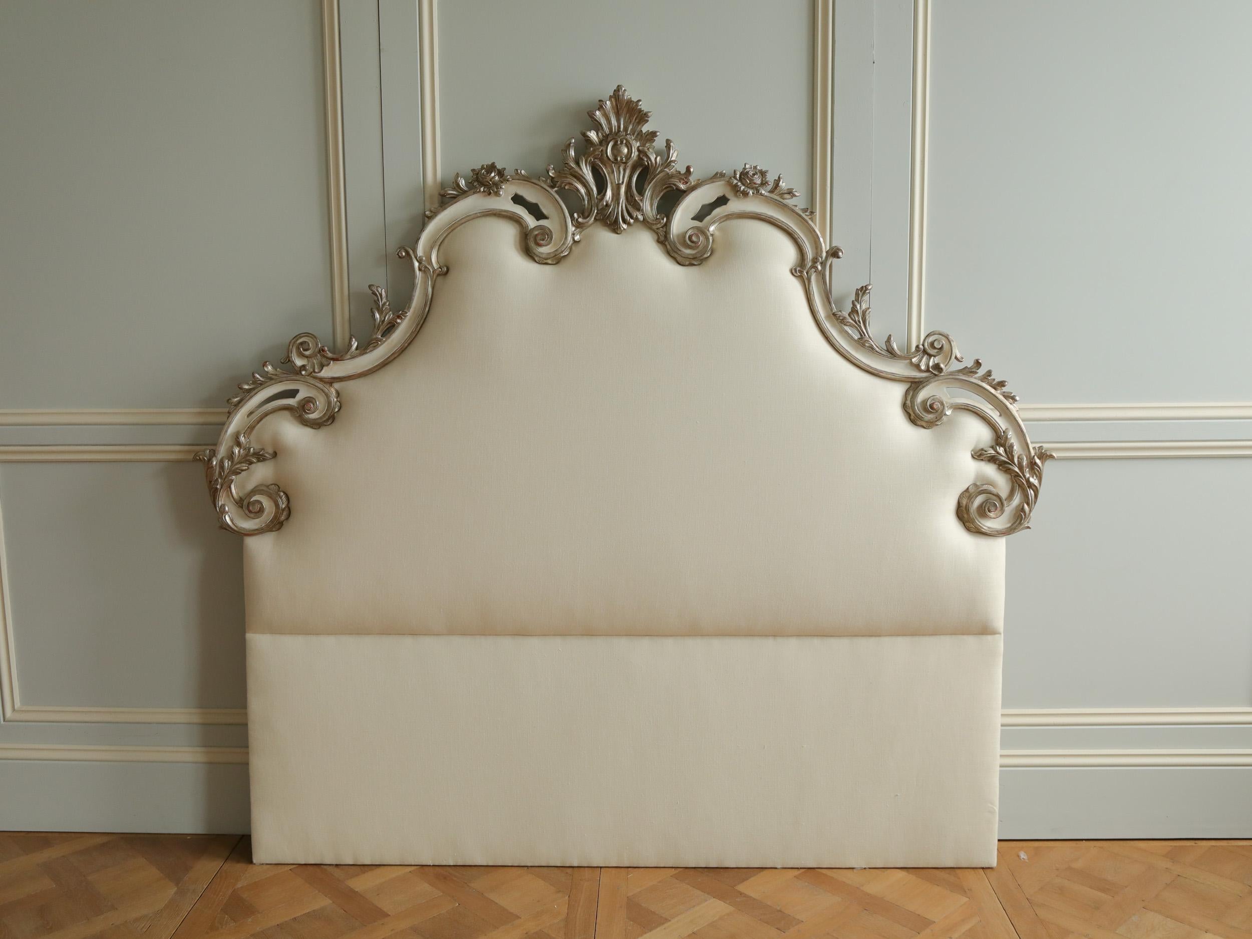 Rococo Headboard in Antique White with Silver Highlights For Sale 8