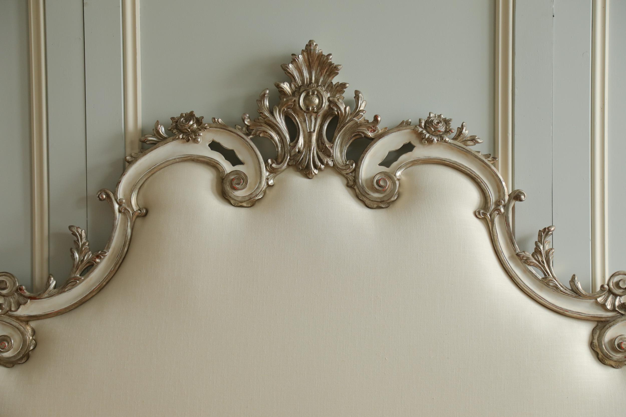 Rococo Headboard in Antique White with Silver Highlights For Sale 9