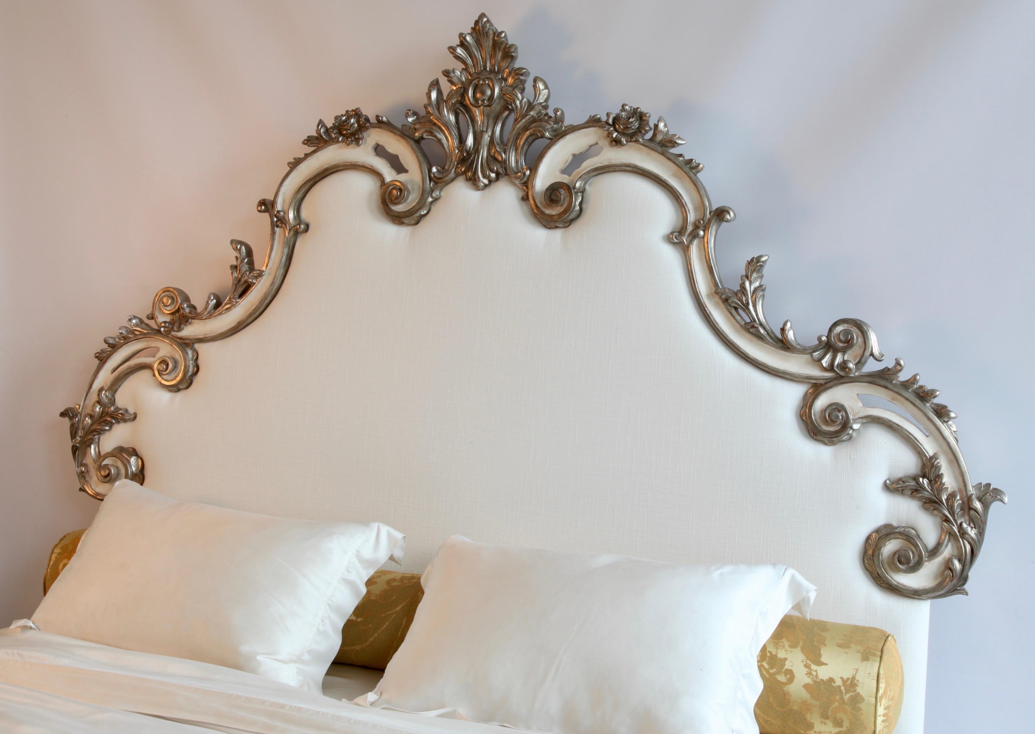Baroque Rococo Headboard in Antique White with Silver Highlights For Sale