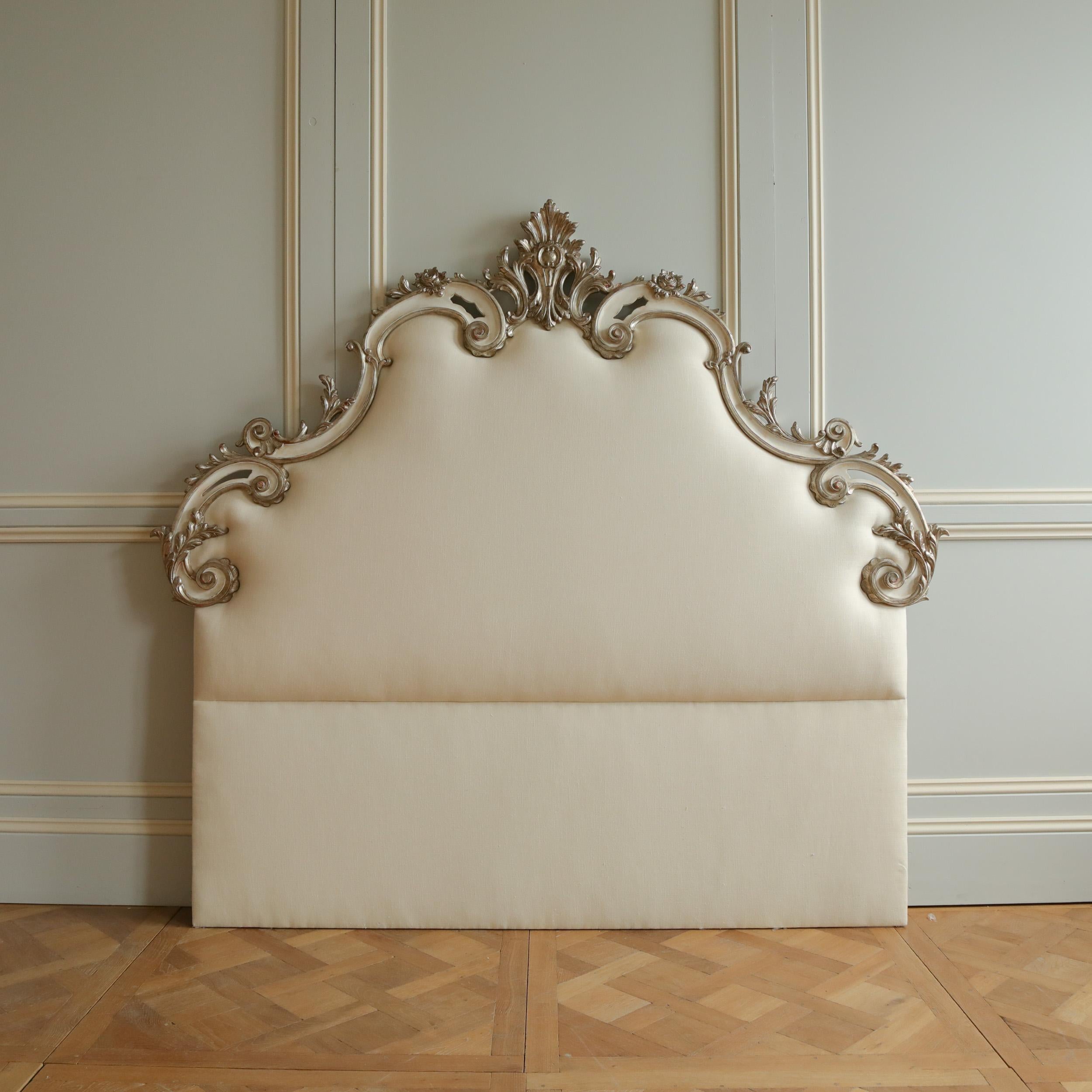 British Rococo Headboard in Antique White with Silver Highlights For Sale