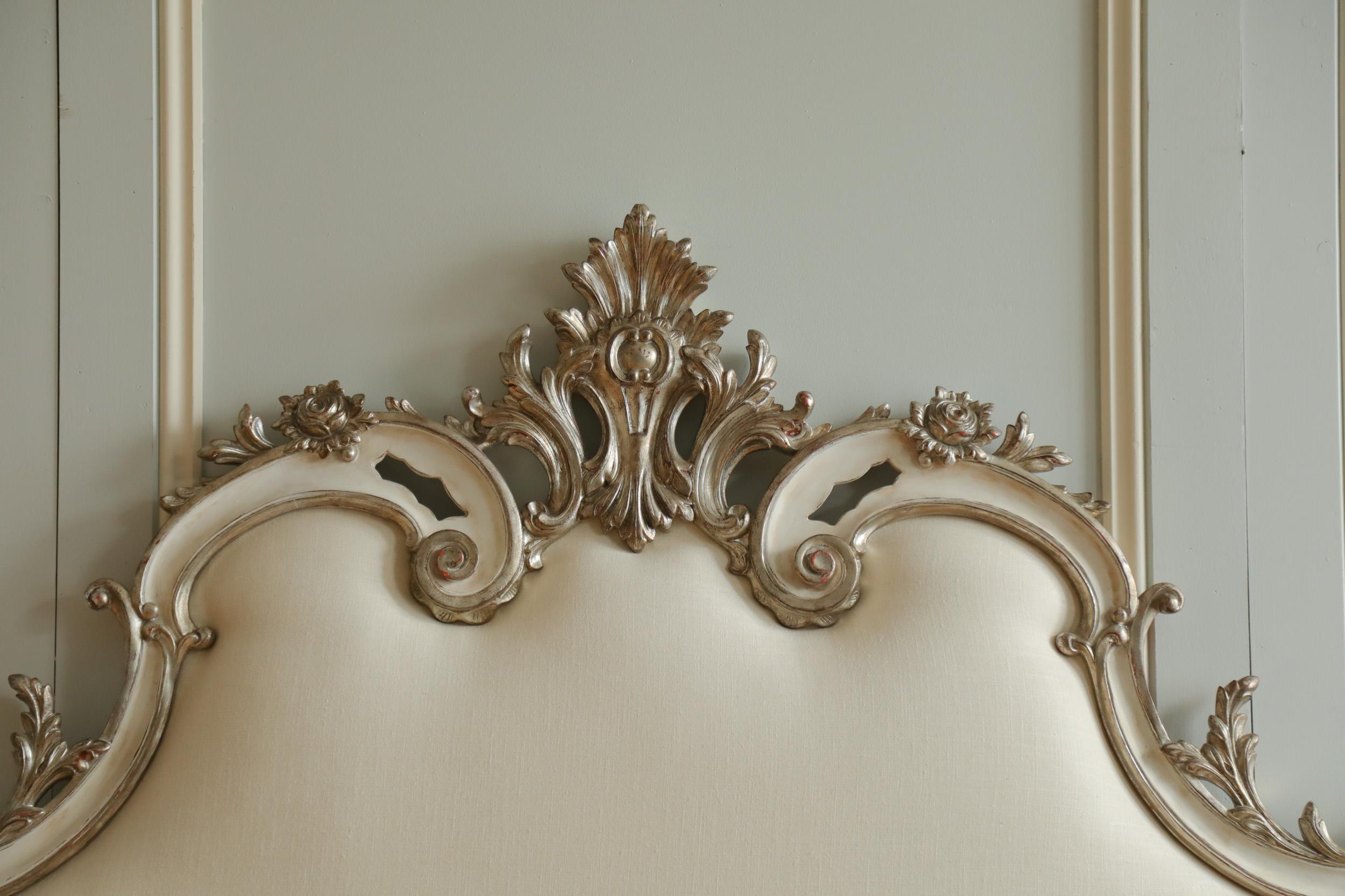 Hand-Carved Rococo Headboard in Antique White with Silver Highlights For Sale
