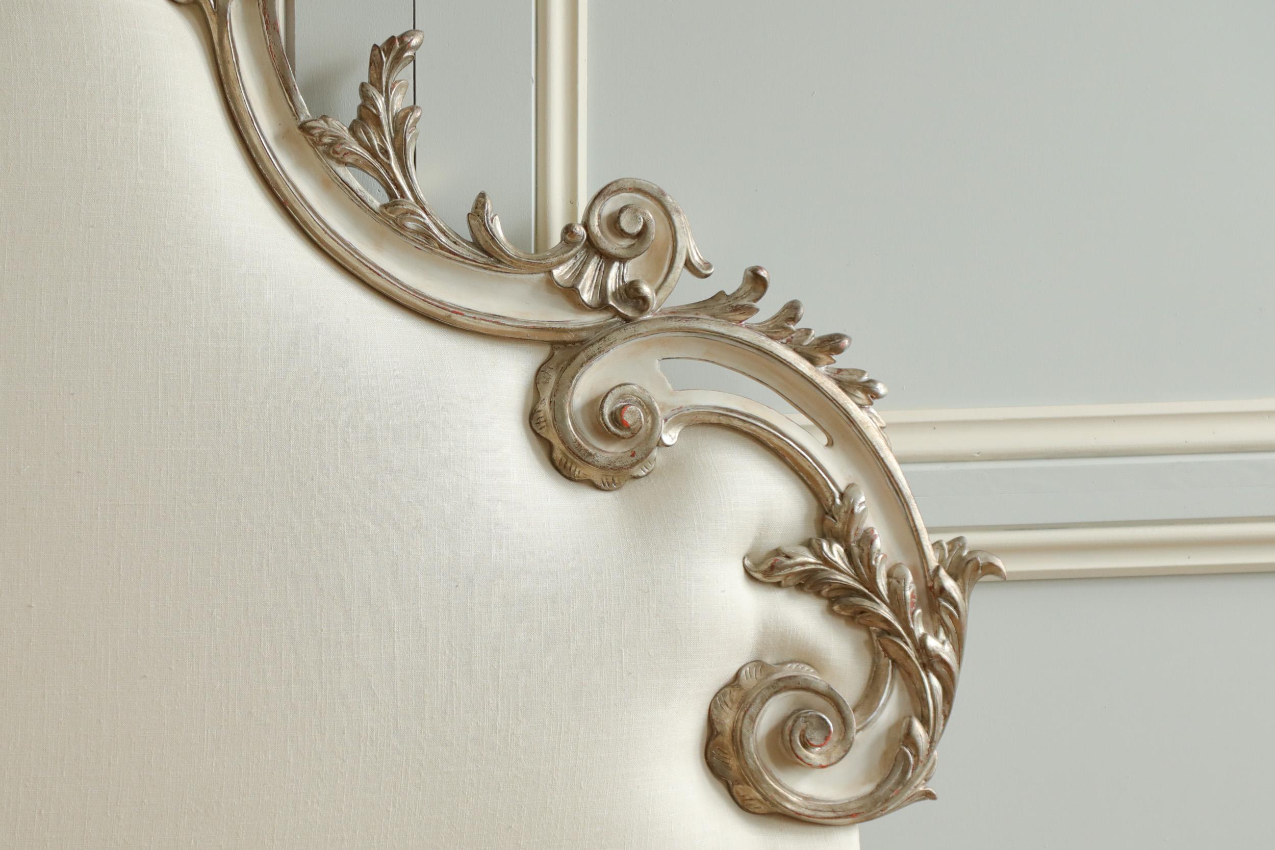Rococo Headboard in Antique White with Silver Highlights In New Condition For Sale In London, Park Royal