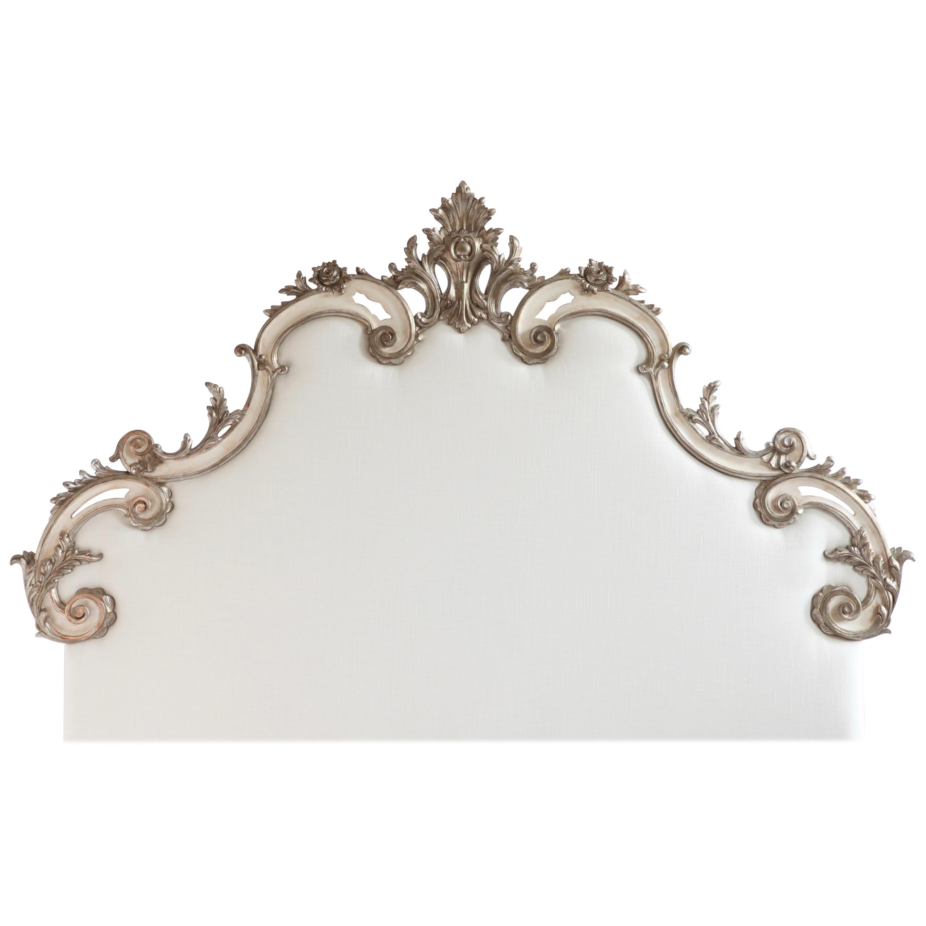 Rococo Headboard in Antique White with Silver Highlights For Sale