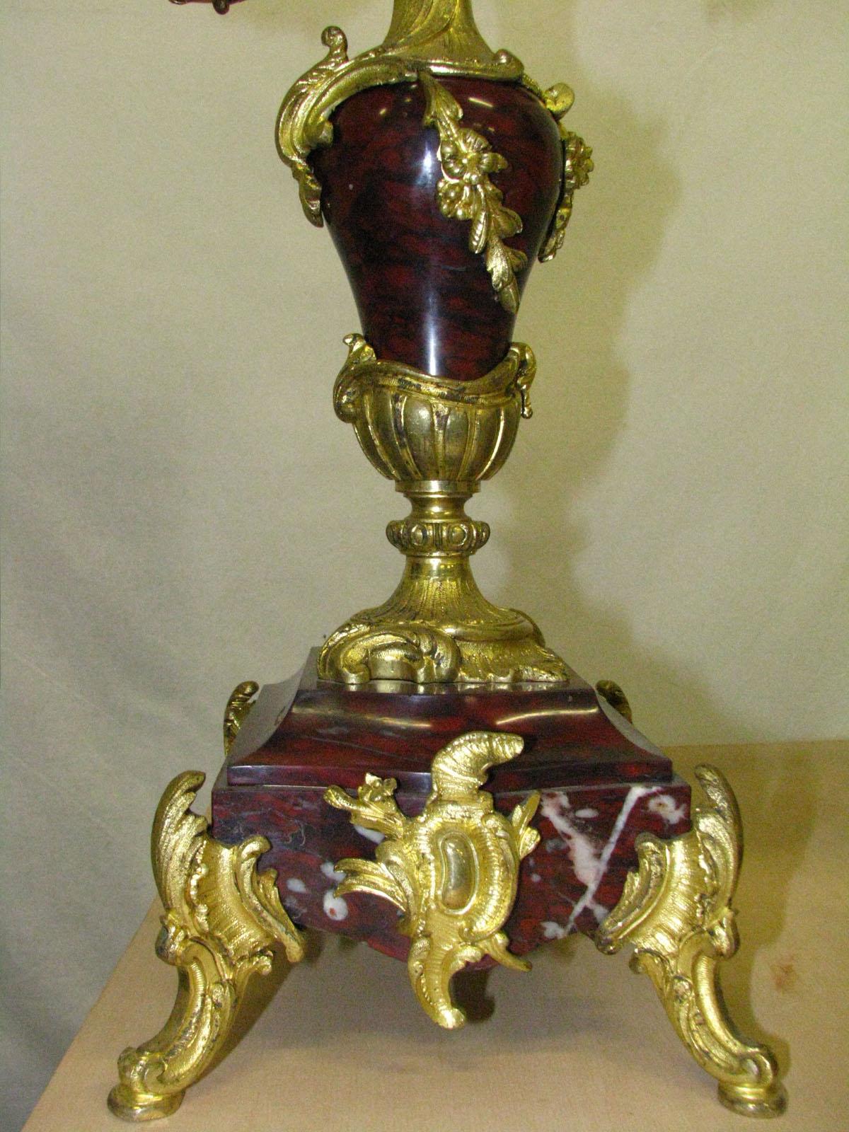 Rococo Mantel Clock with Two Candelabra Cherry Marble Gilded Bronze, circa 1880 For Sale 9