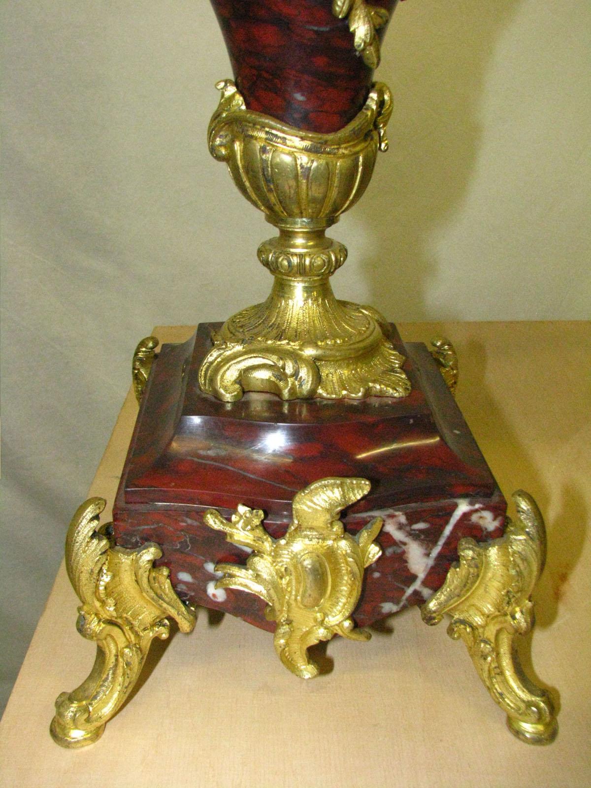 Rococo Mantel Clock with Two Candelabra Cherry Marble Gilded Bronze, circa 1880 For Sale 11