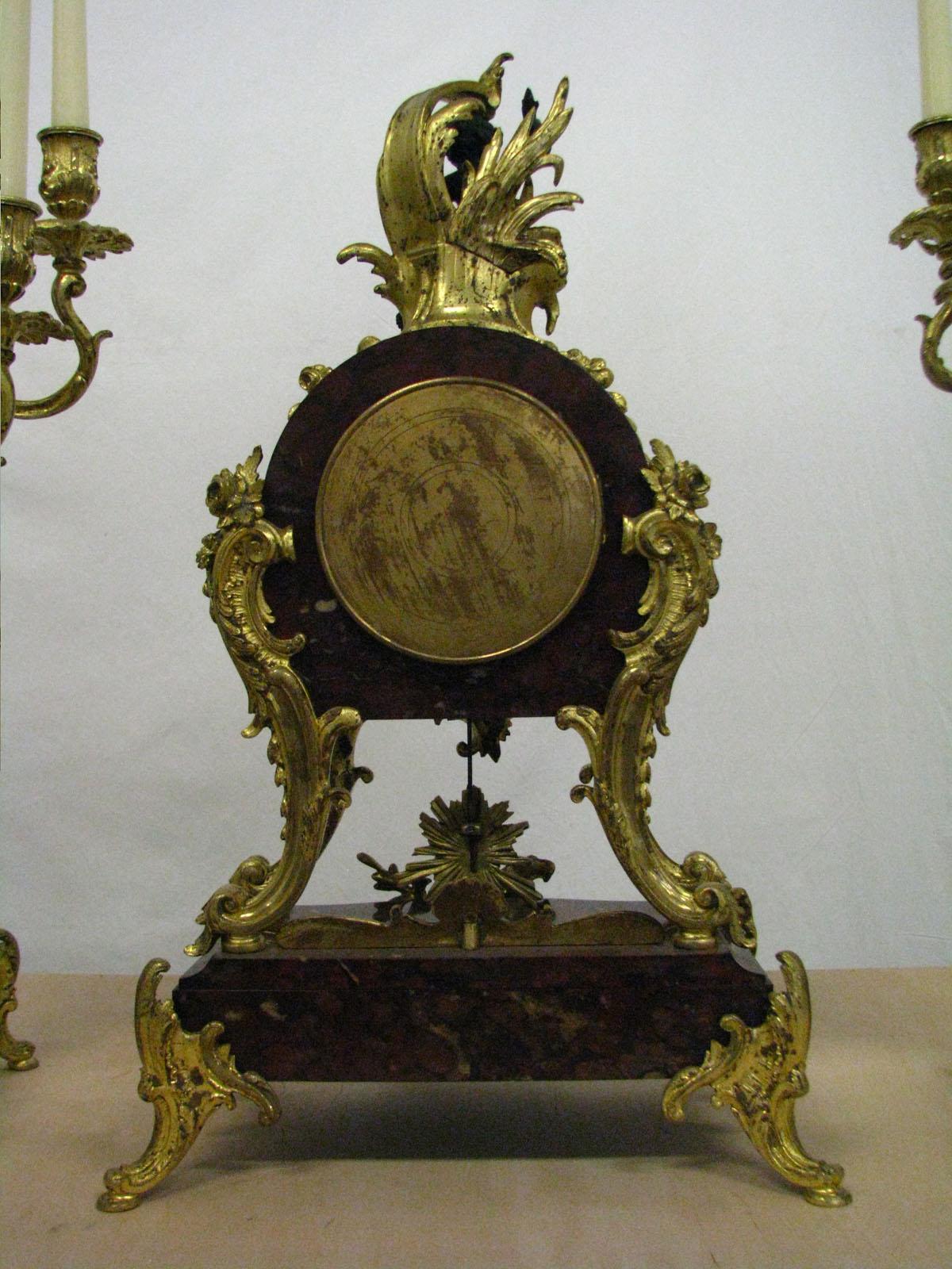 Rococo Mantel Clock with Two Candelabra Cherry Marble Gilded Bronze, circa 1880 For Sale 12