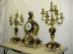 Rococo Mantel Clock with Two Candelabra Cherry Marble Gilded Bronze, circa 1880