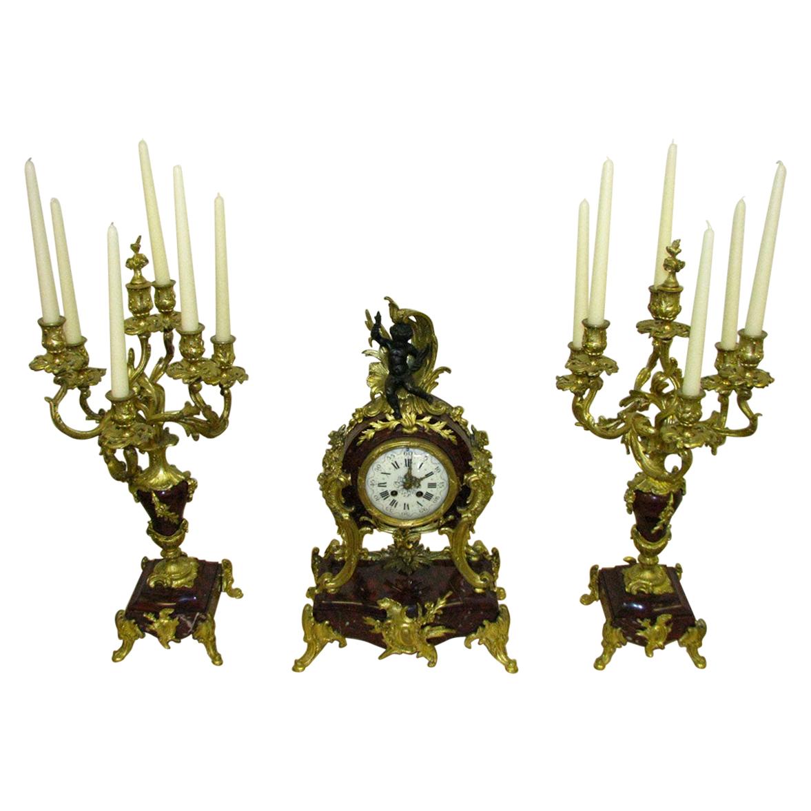 Rococo Mantel Clock with Two Candelabra Cherry Marble Gilded Bronze, circa 1880 For Sale