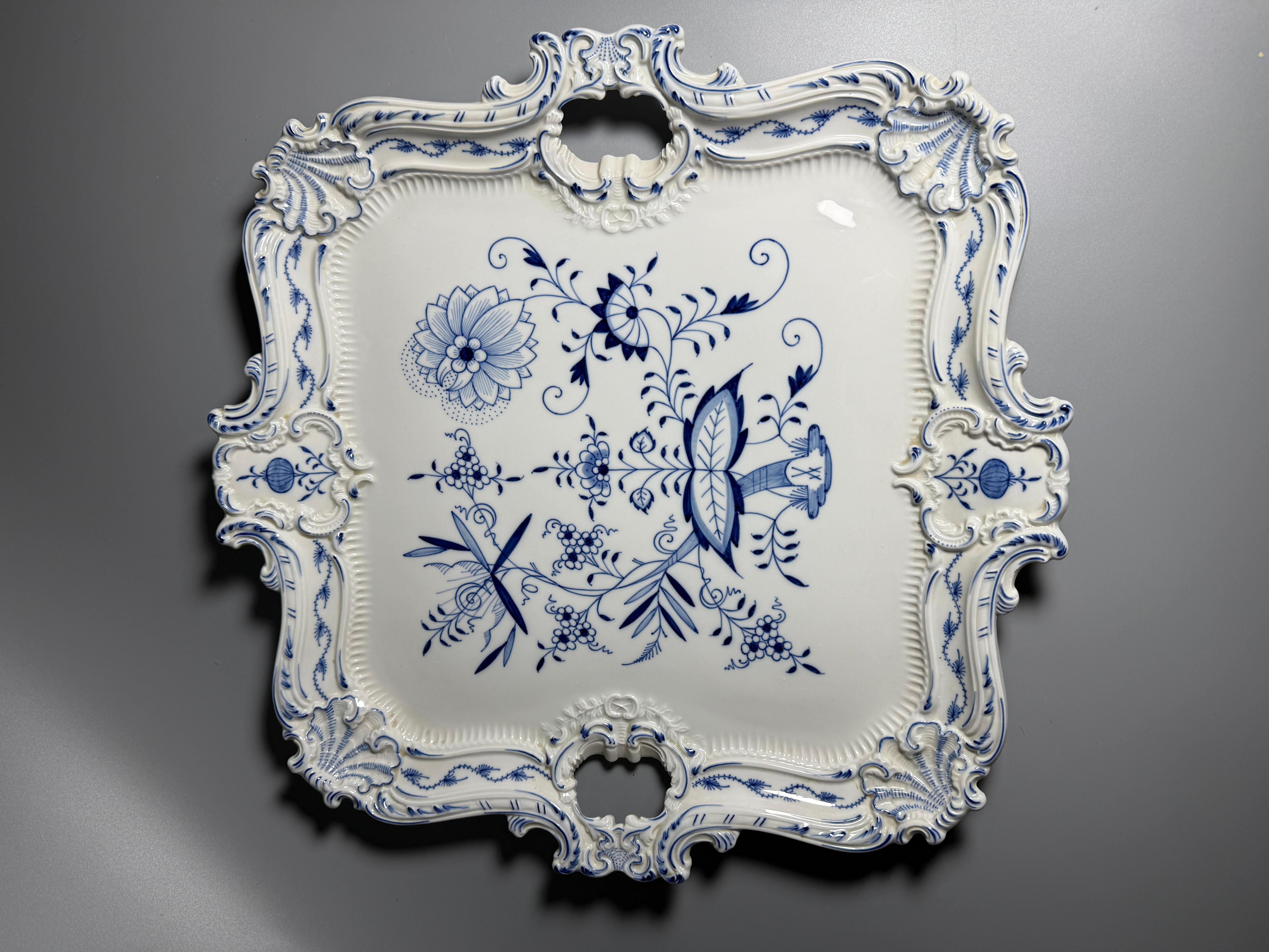 Rococo  Meissen Bleu Oignon Grand plateau/assiette 16 pouces Allemagne 1964 7