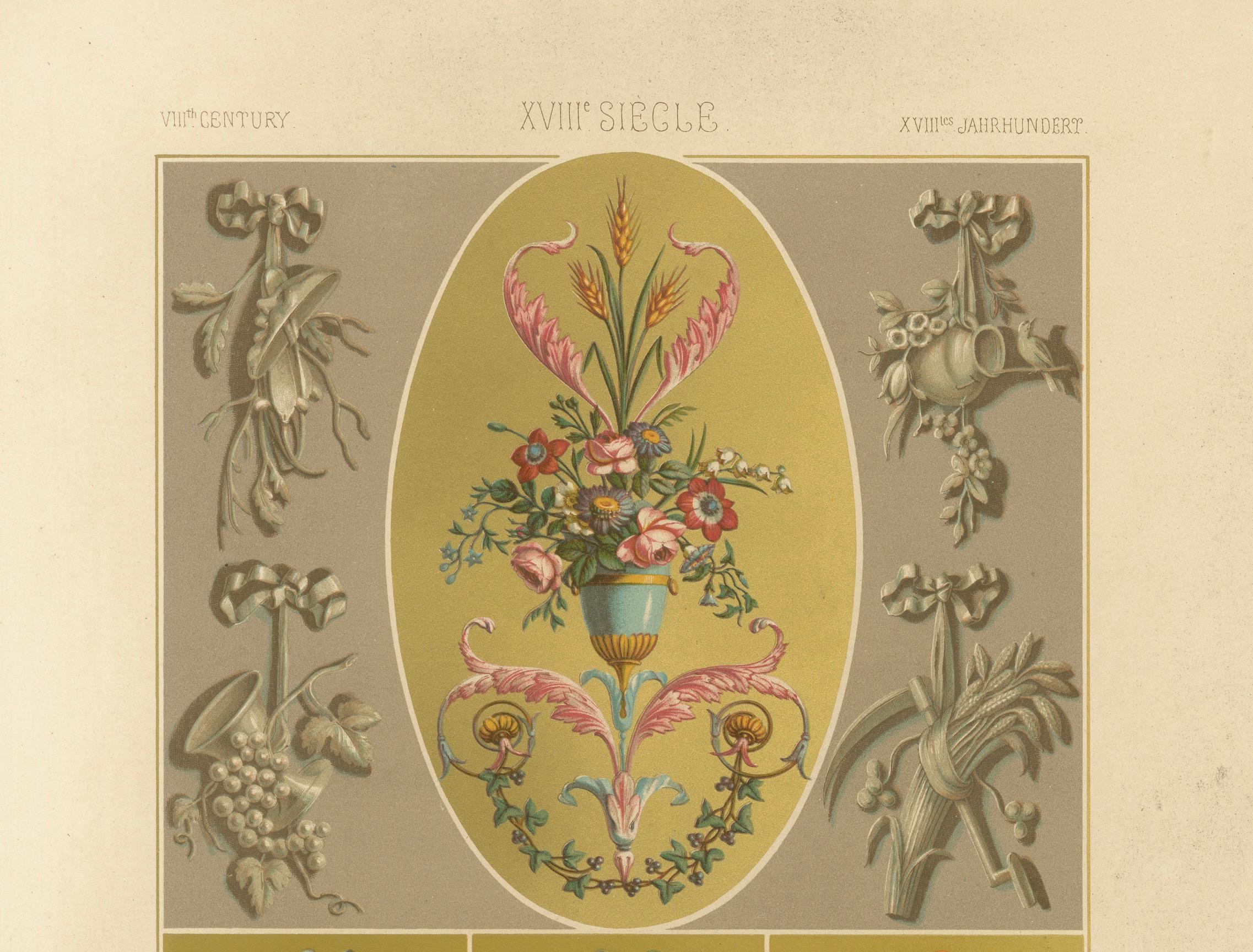 Français Ornement à motif rococo - Motifs floraux et allégoriques du XVIIIe siècle, planche XCIX en vente