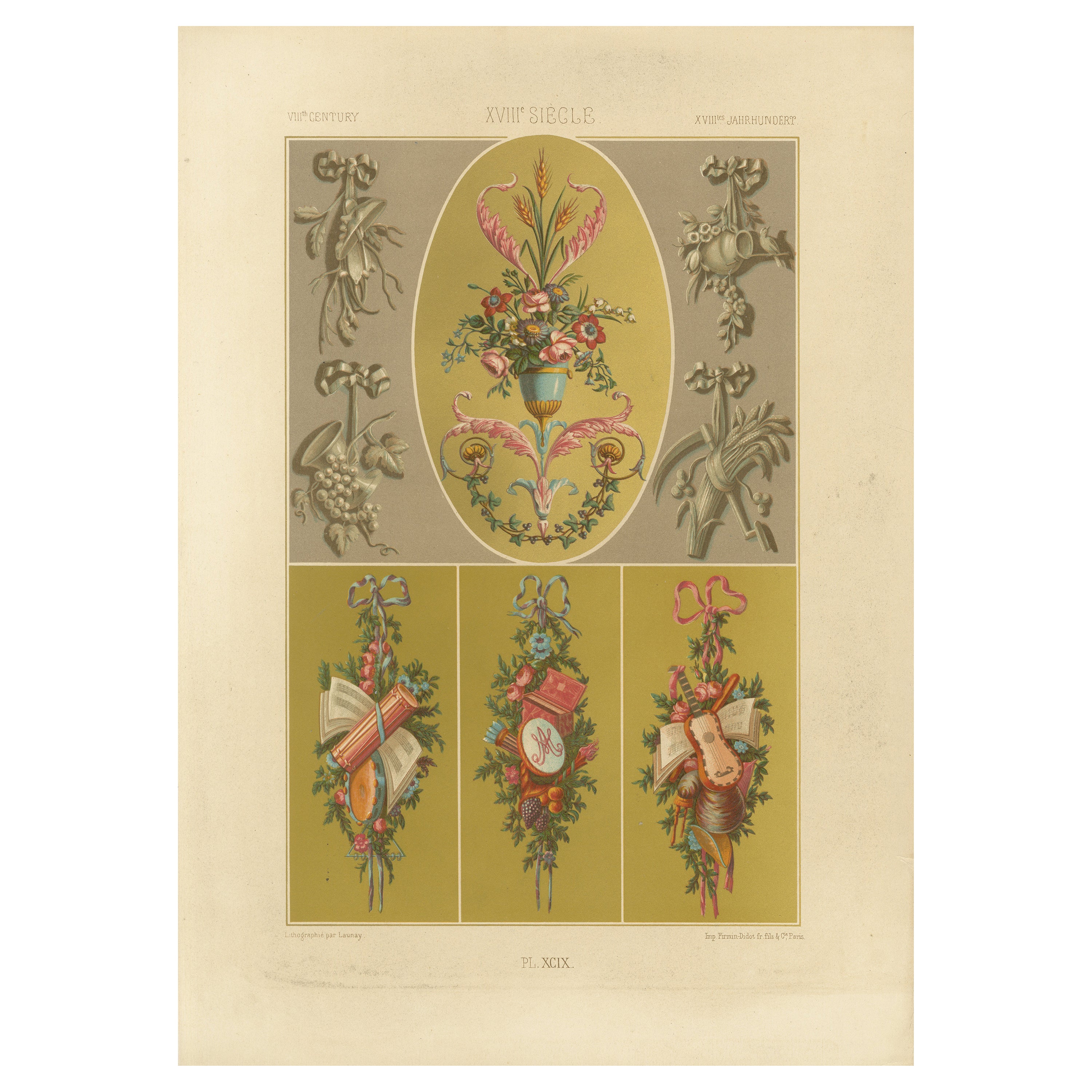 Ornement à motif rococo - Motifs floraux et allégoriques du XVIIIe siècle, planche XCIX