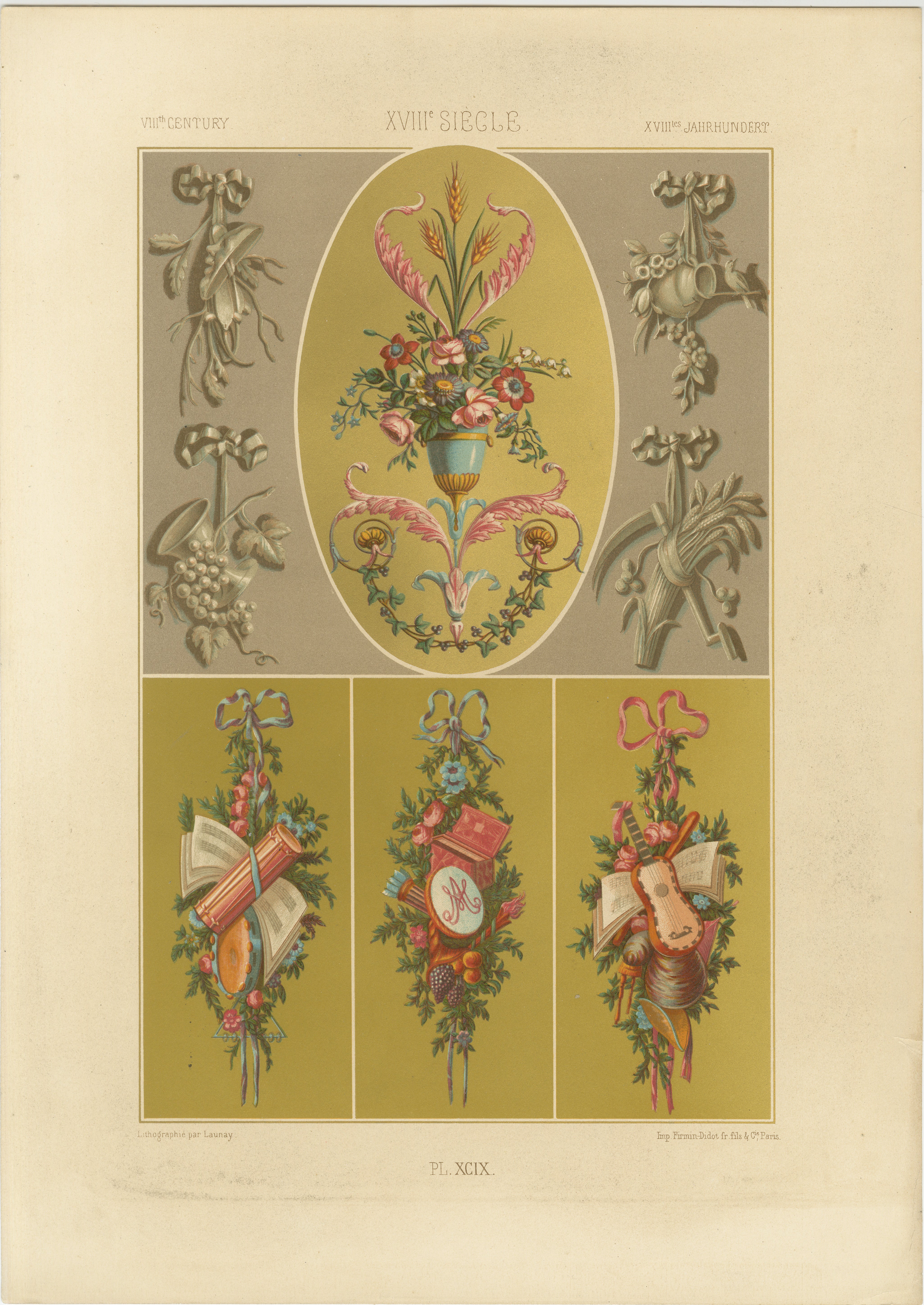 Ornement à motif rococo - Motifs floraux et allégoriques du XVIIIe siècle, planche XCIX en vente