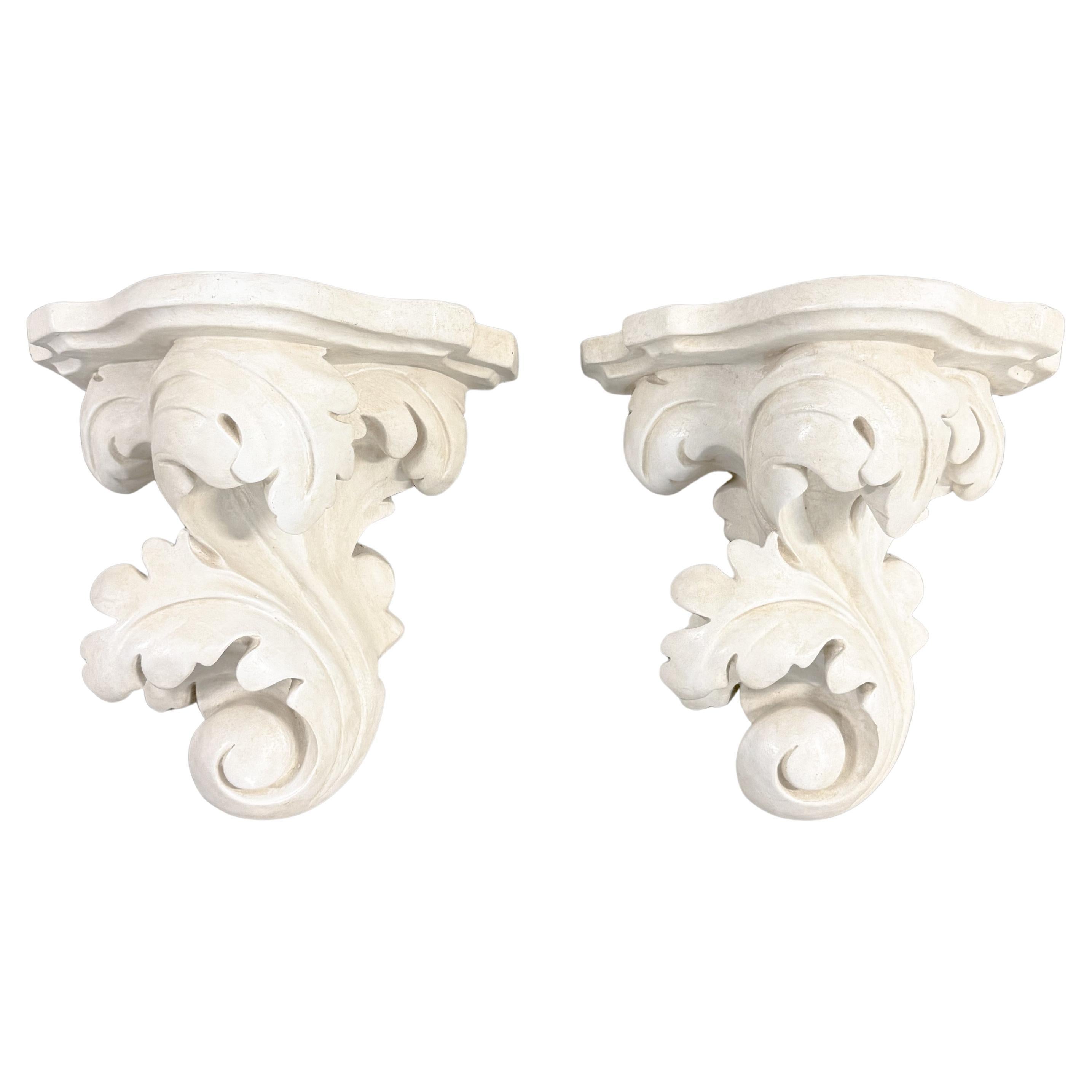 Rococo Neoclassical Acanthus Leaf Cast Stone Garden Wall Brackets Shelves