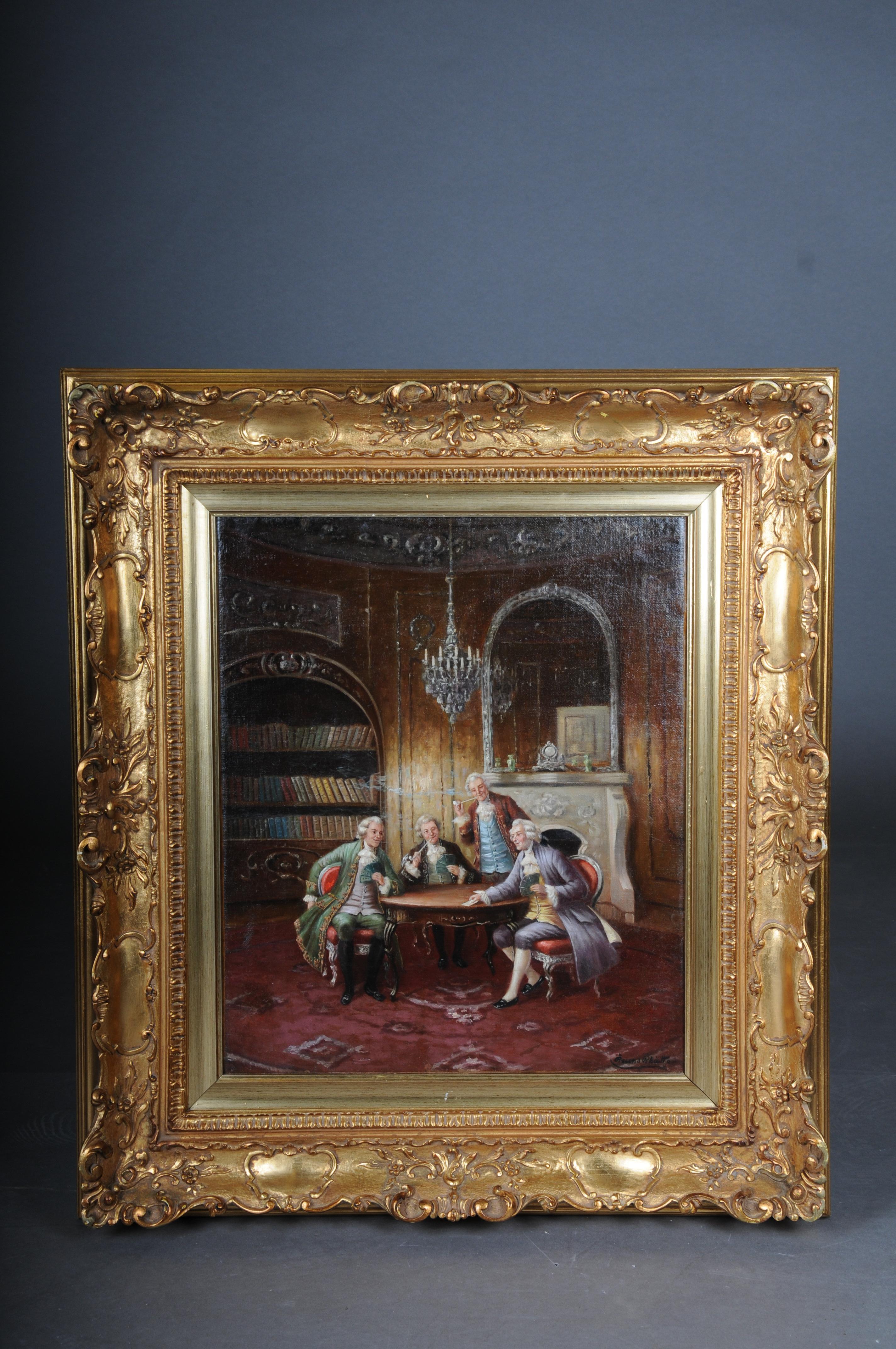 Rococo oil painting signed Bruno Blätter around 1890

Oil on canvas painting. Rococo scene. Three gentlemen seated at the table, playing cards and smoking a pipe. Gentlemen dressed in high-class manners with amusing facial expressions sitting at a