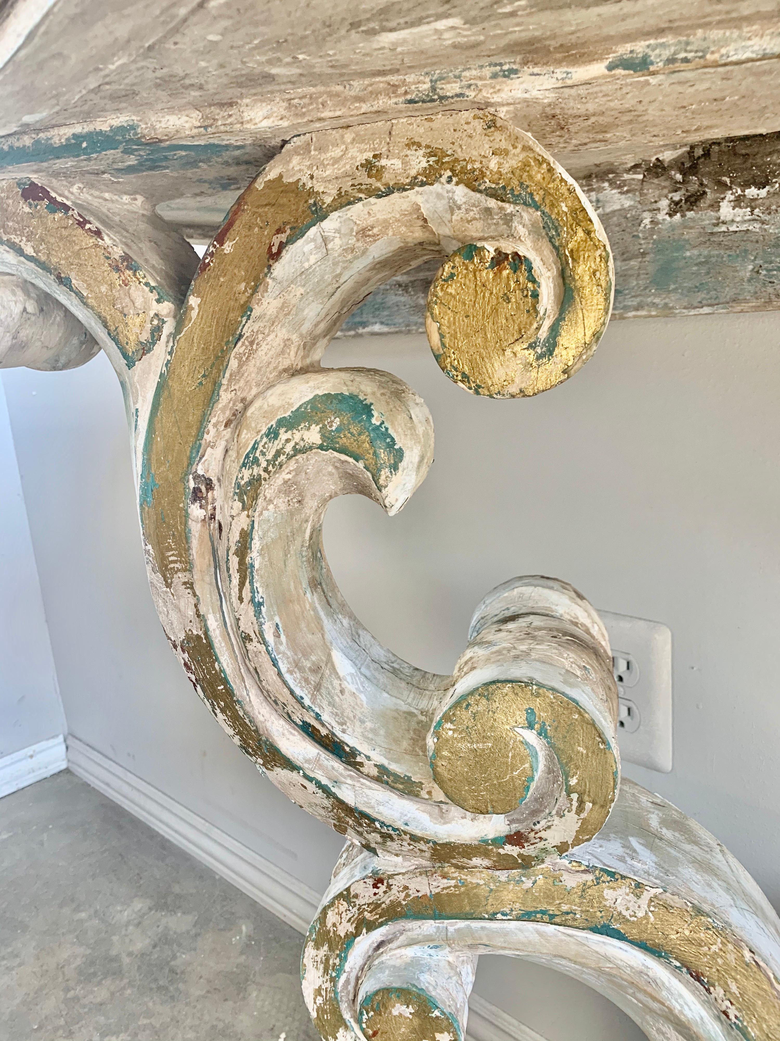 Rococo Painted Carved Parcel Gilt Console with Carrara Marble Top 5