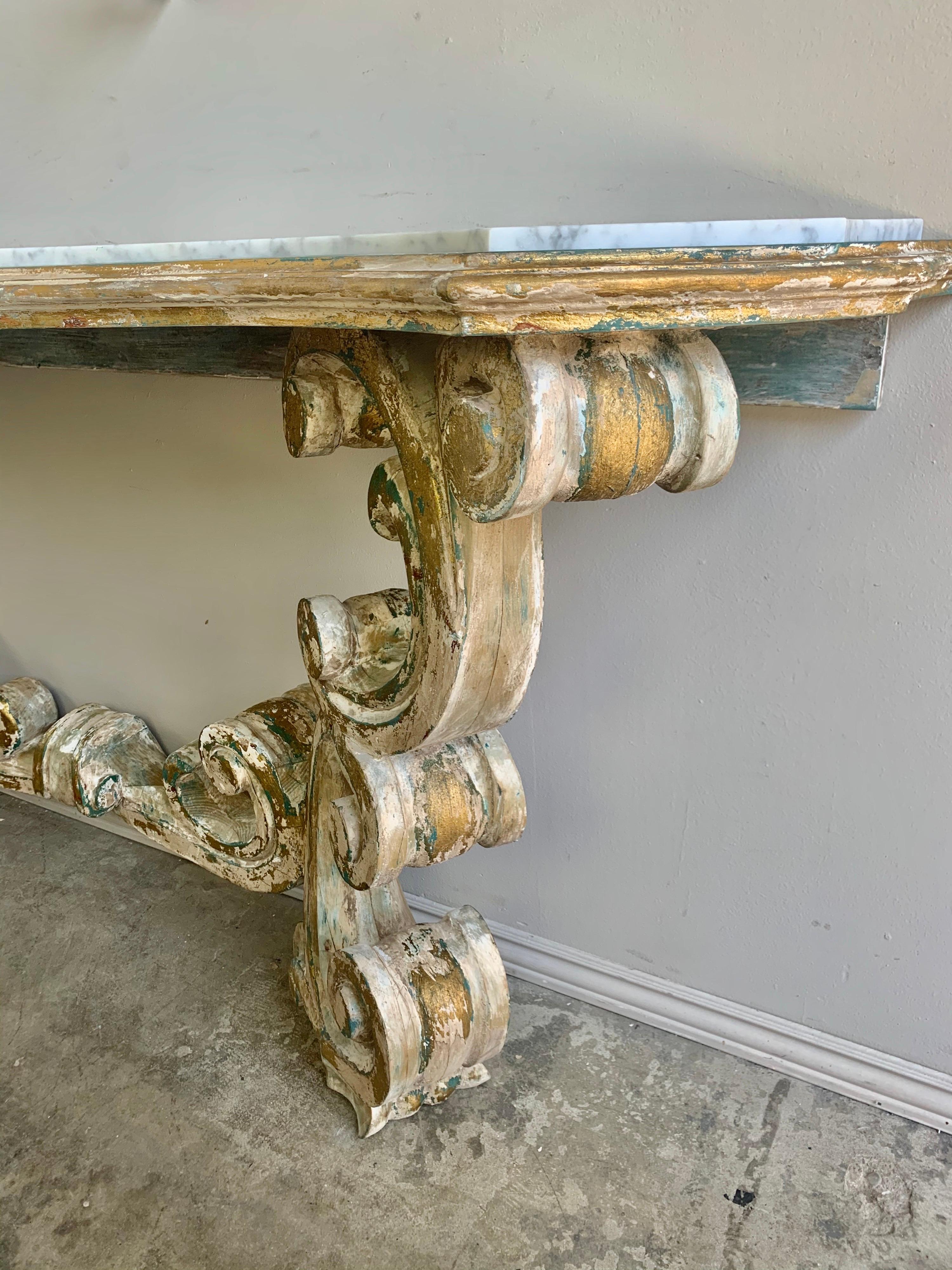 Rococo Painted Carved Parcel Gilt Console with Carrara Marble Top 7