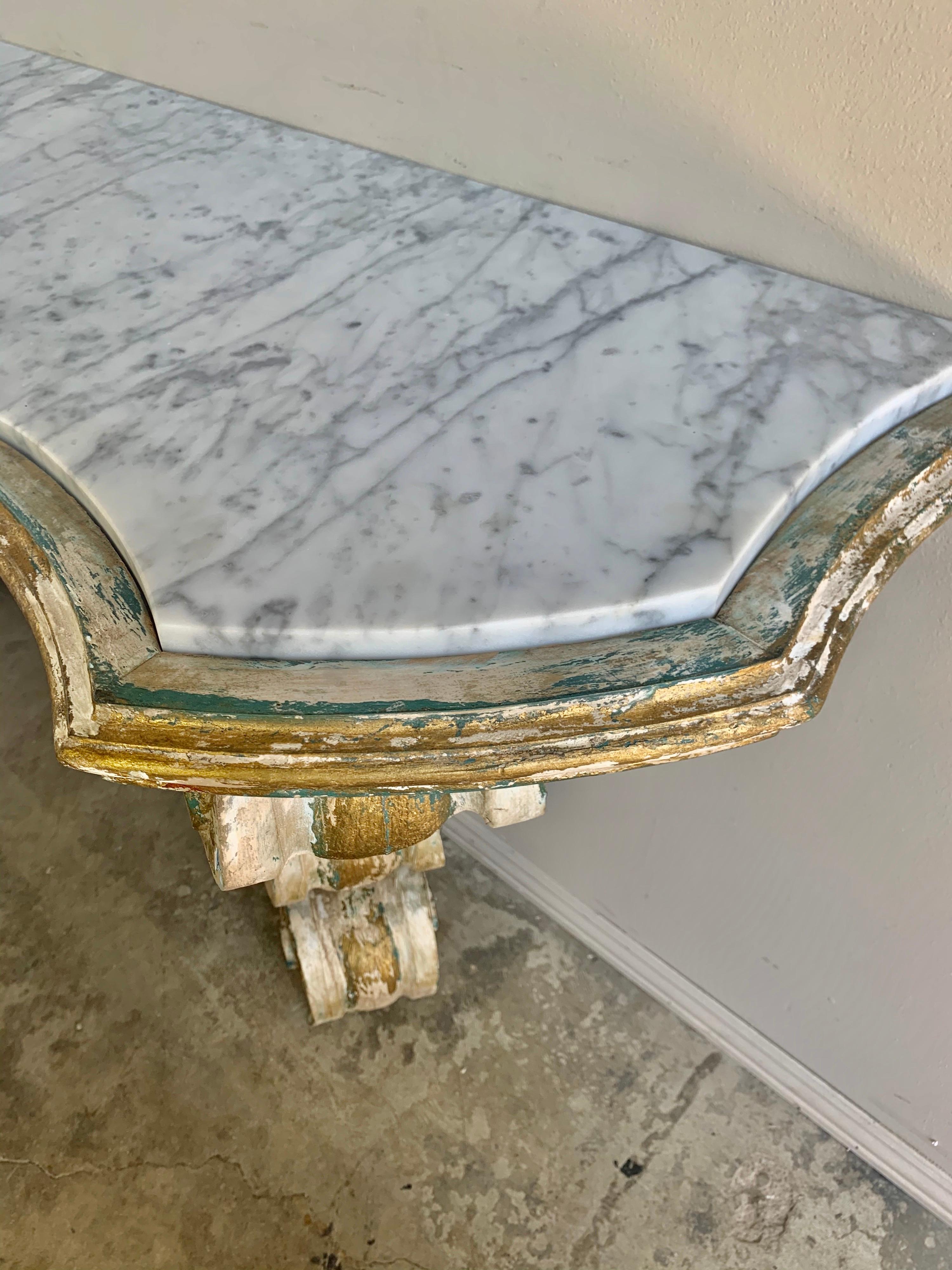 Rococo Painted Carved Parcel Gilt Console with Carrara Marble Top 8