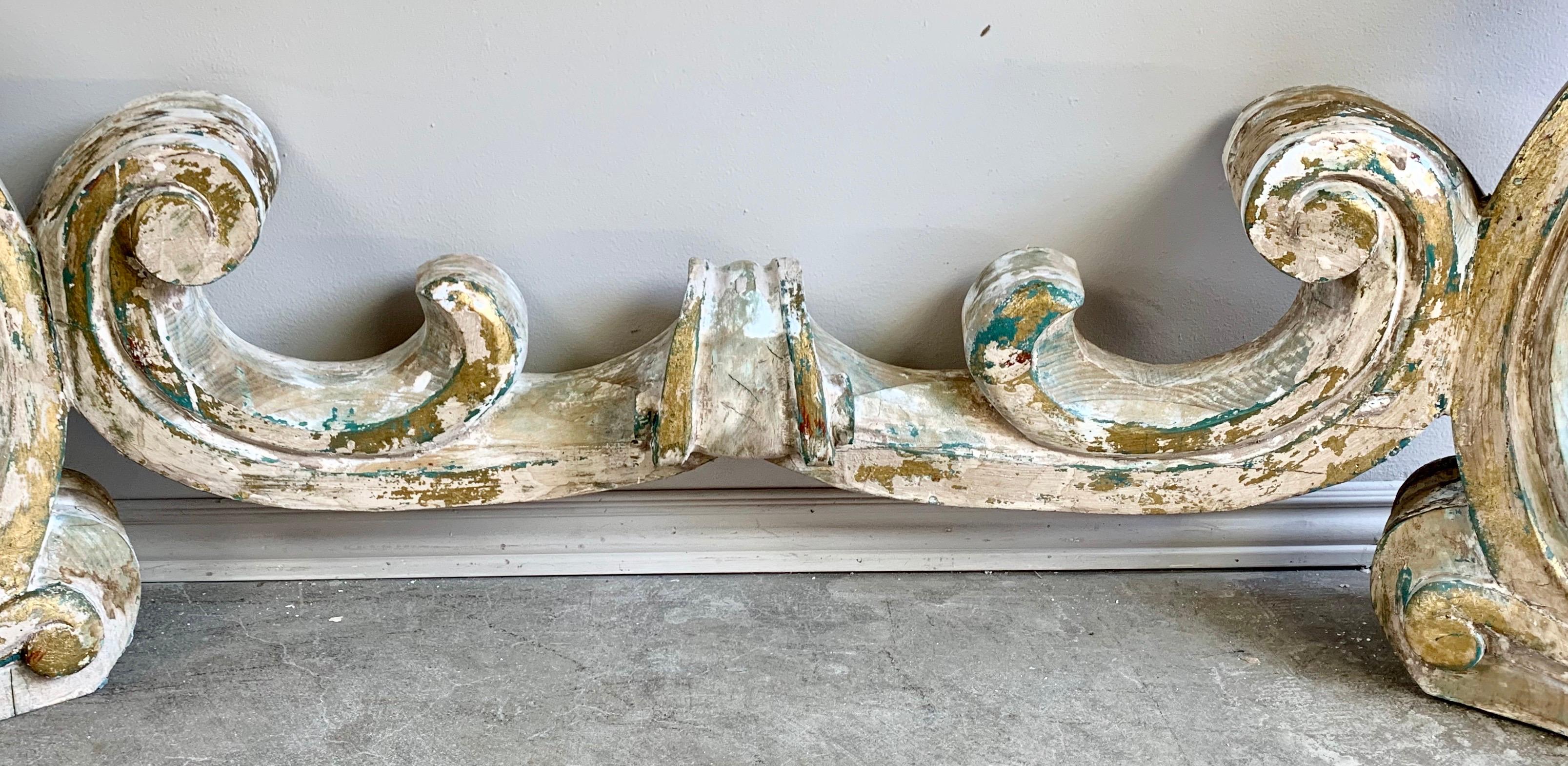 Rococo Painted Carved Parcel Gilt Console with Carrara Marble Top In Distressed Condition In Los Angeles, CA