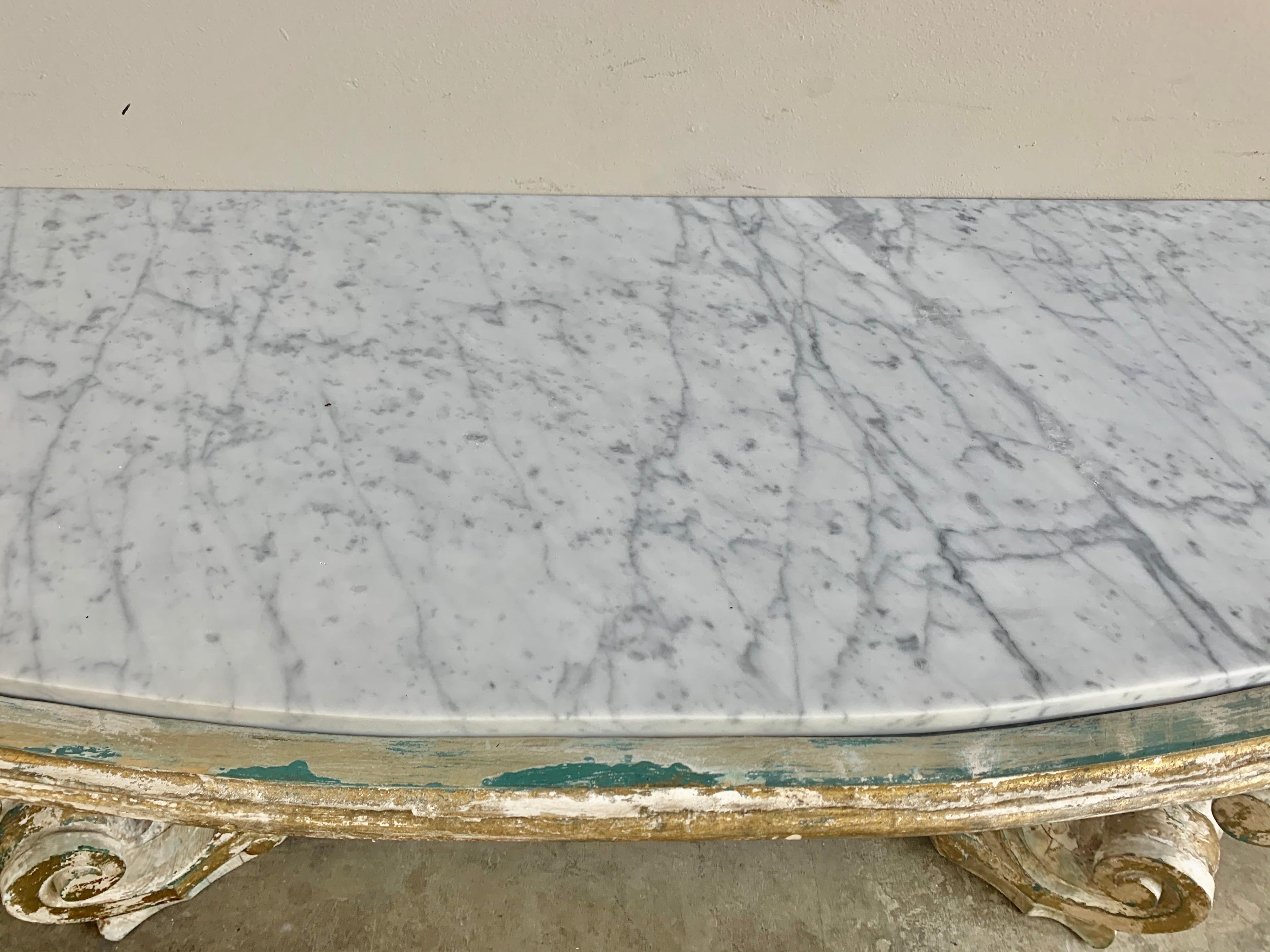 Rococo Painted Carved Parcel Gilt Console with Carrara Marble Top 2