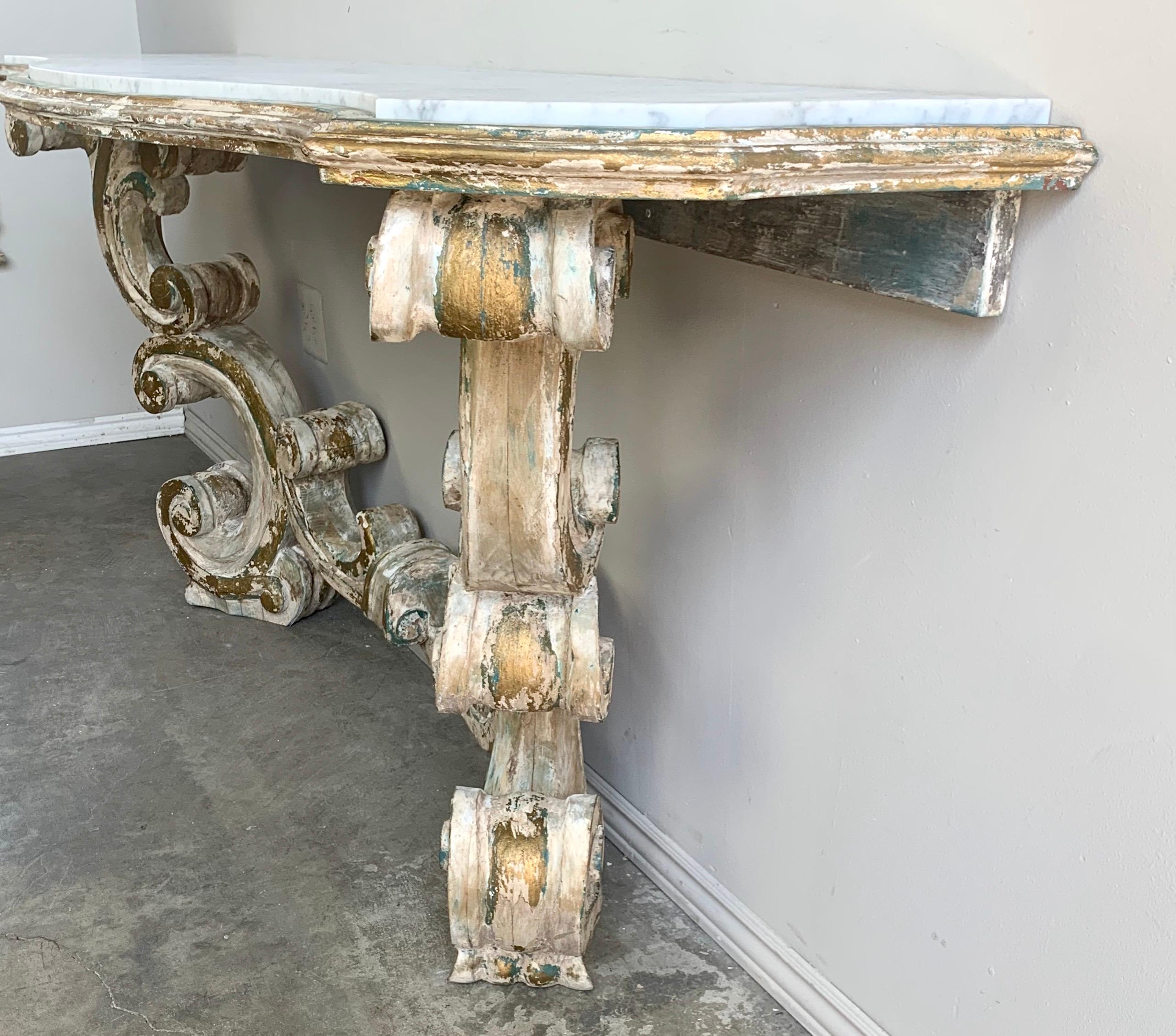 Rococo Painted Carved Parcel Gilt Console with Carrara Marble Top 3