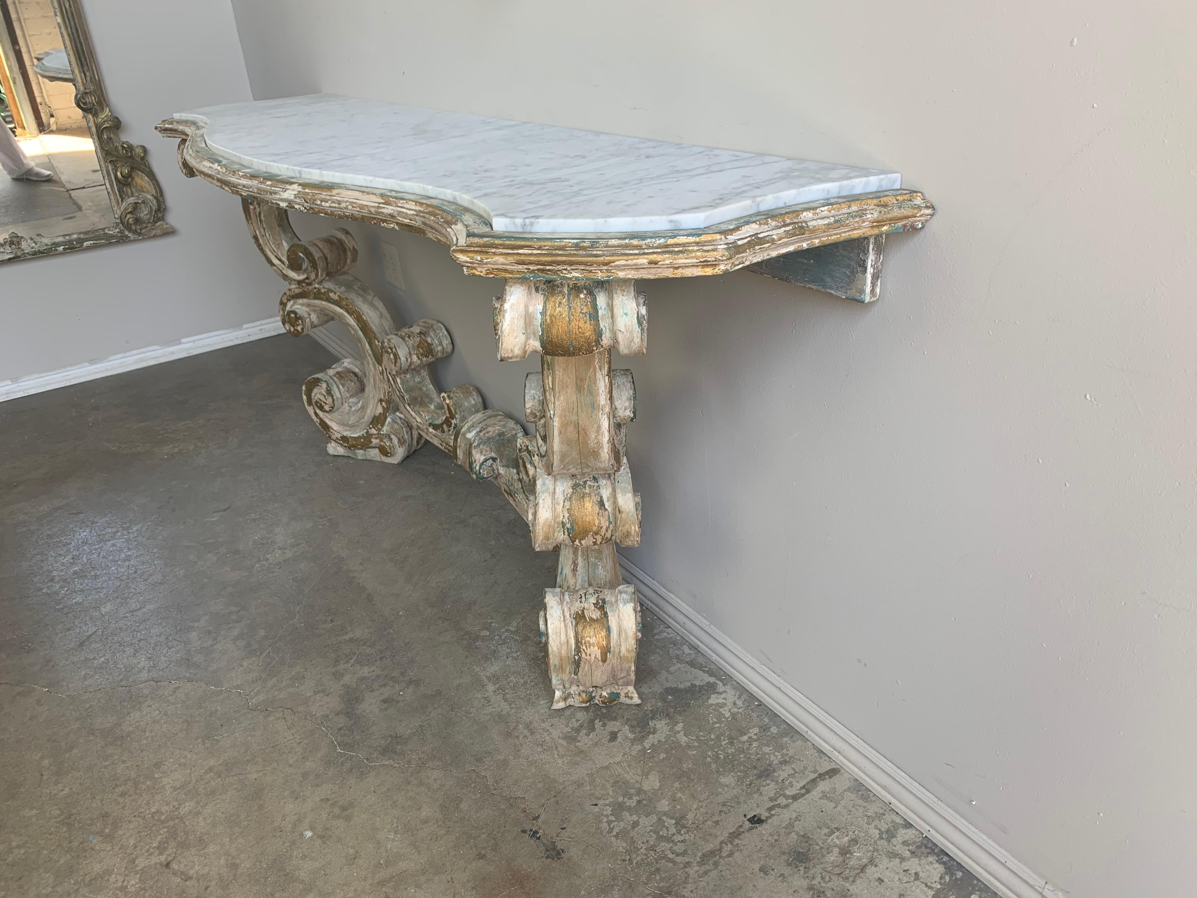 Rococo Painted Carved Parcel Gilt Console with Carrara Marble Top 4