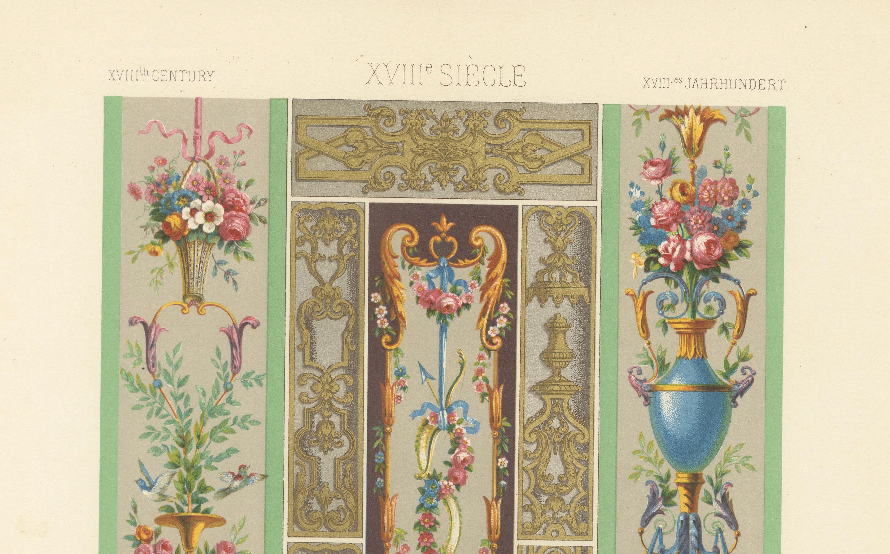 Ornement de panneau rococo - Décorations murales françaises florales et dorées, planche XCVII, XVIIIe siècle

Cette chromolithographie richement détaillée, la planche XCVII de *L'Ornement Polychrome*, présente une sélection vivante de panneaux